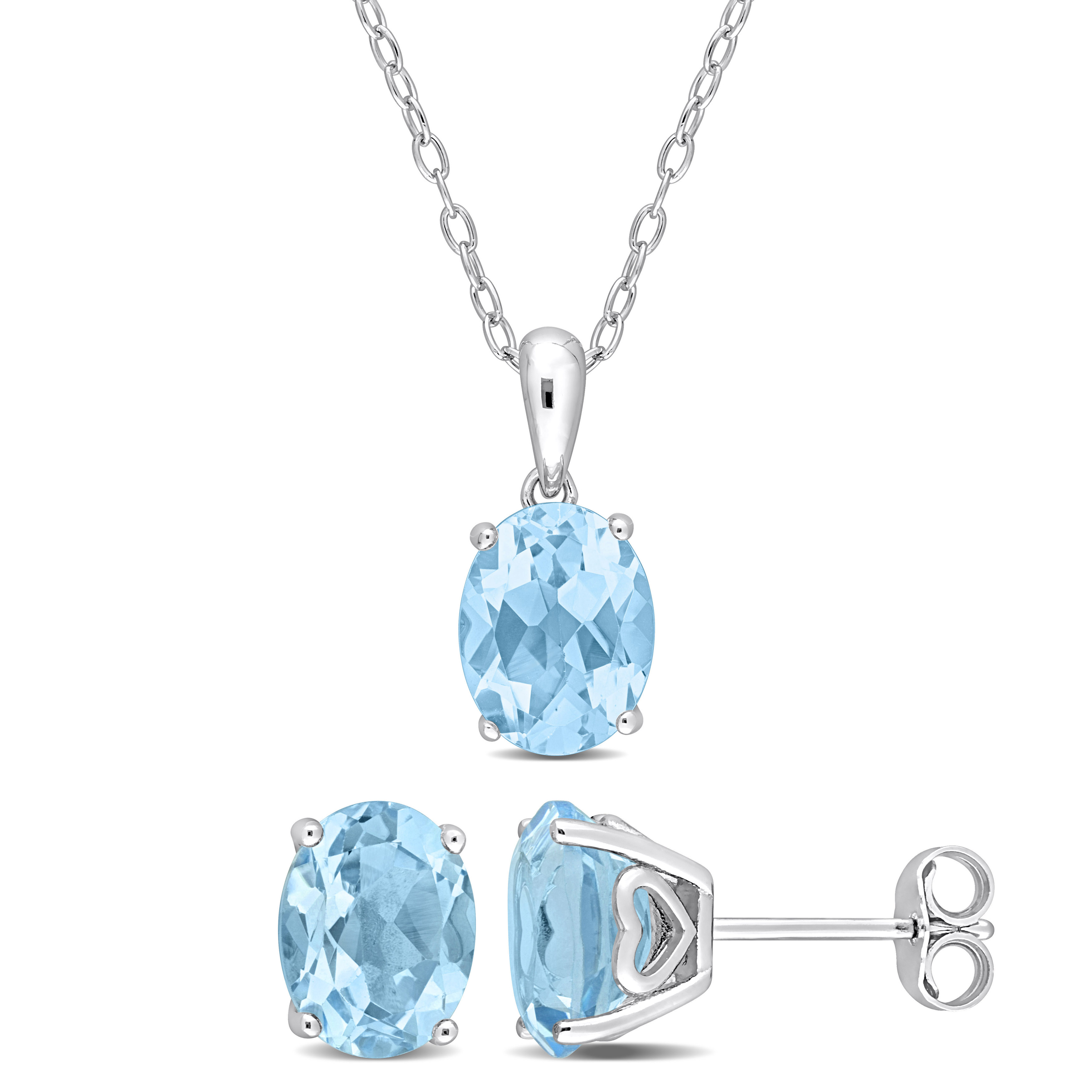 7 1/2 CT TGW Oval Sky Blue Topaz 2-Piece Solitaire Pendant with Chain and Stud Earrings Set in Sterling Silver