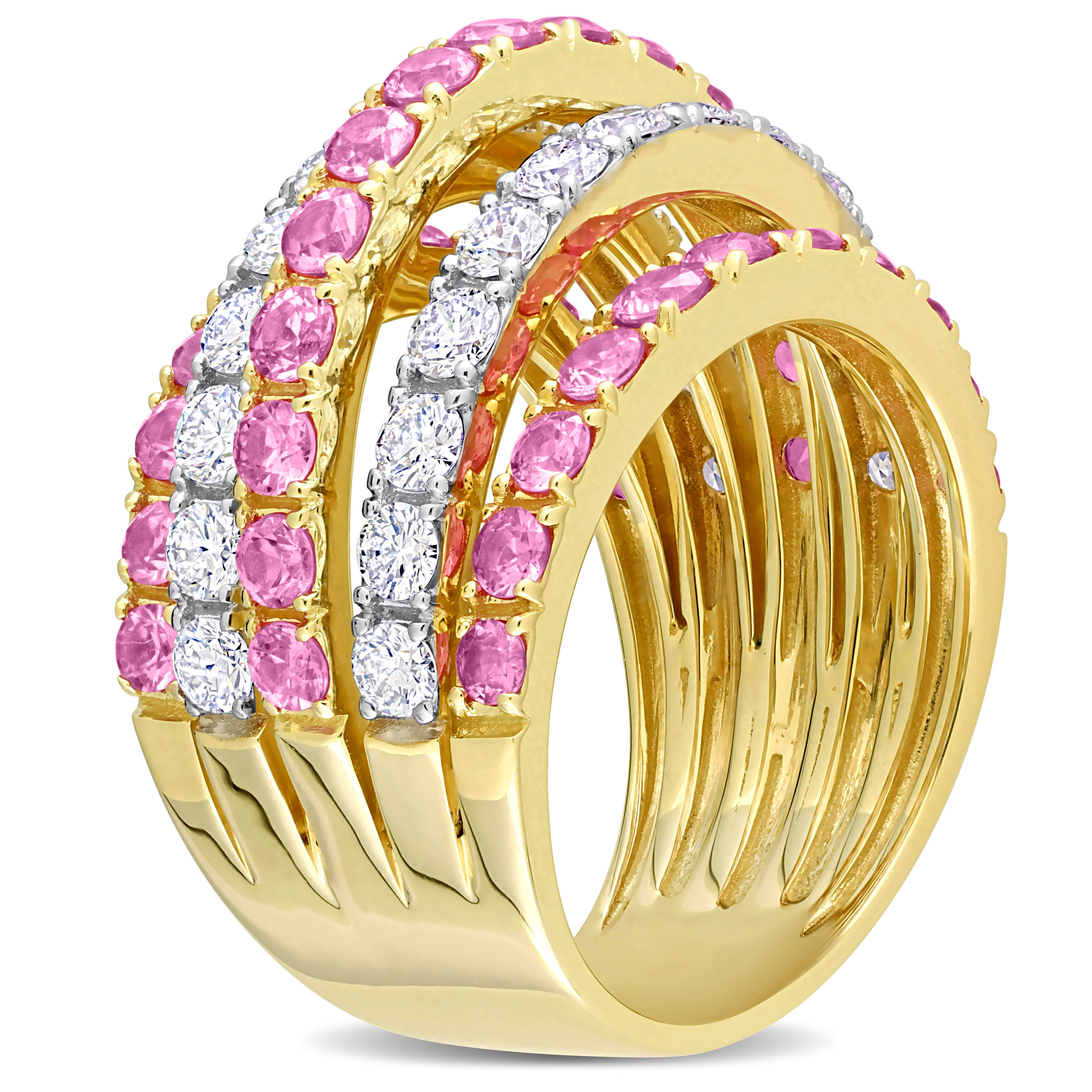 2 1/10 CT TGW Pink Sapphire and 1 1/3 CT TW Diamond Open 5-Row Wide Band Ring in 14k Yellow Gold