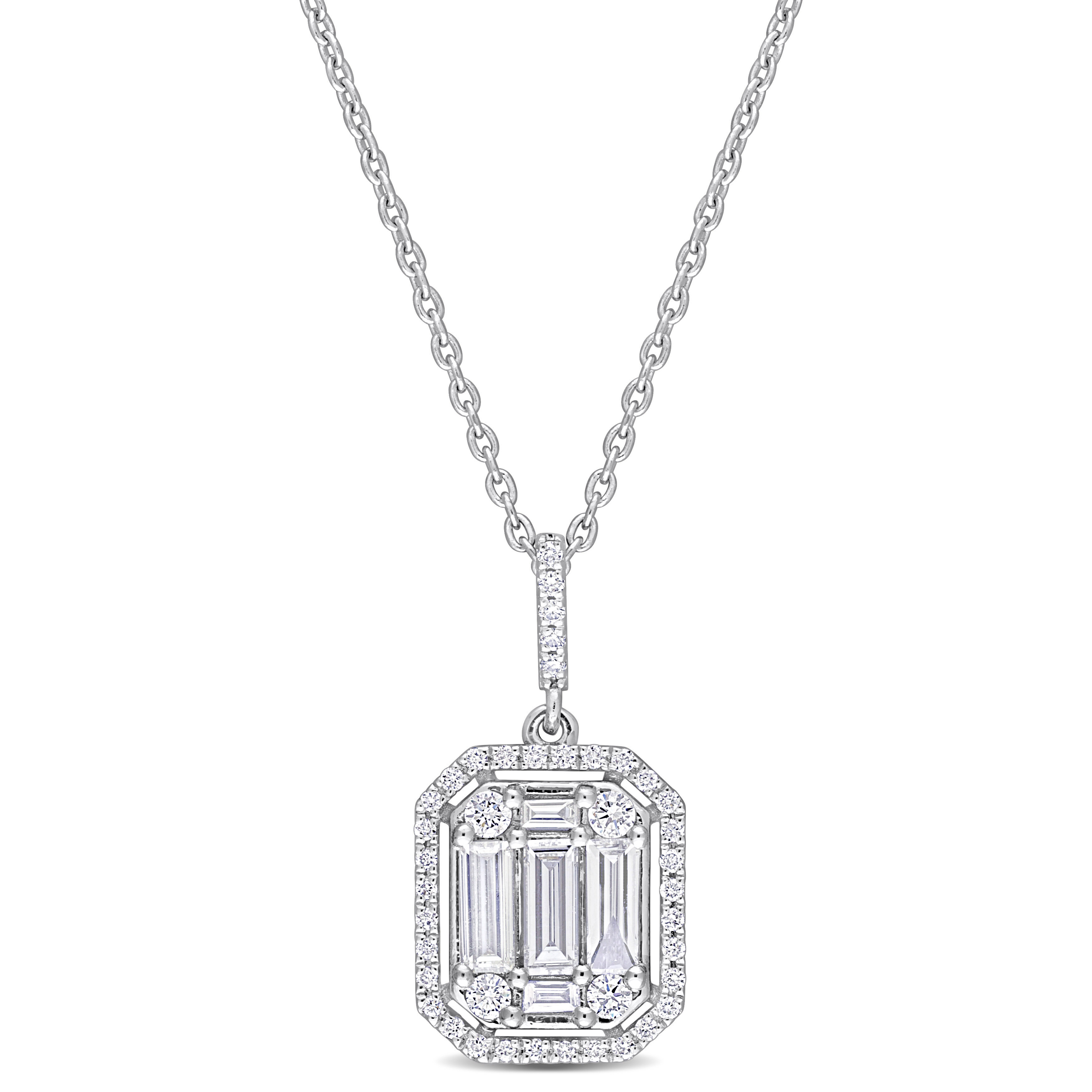 4/5 CT Round and Parallel Baguette Diamonds TW Halo 17" Necklace in 14k White Gold