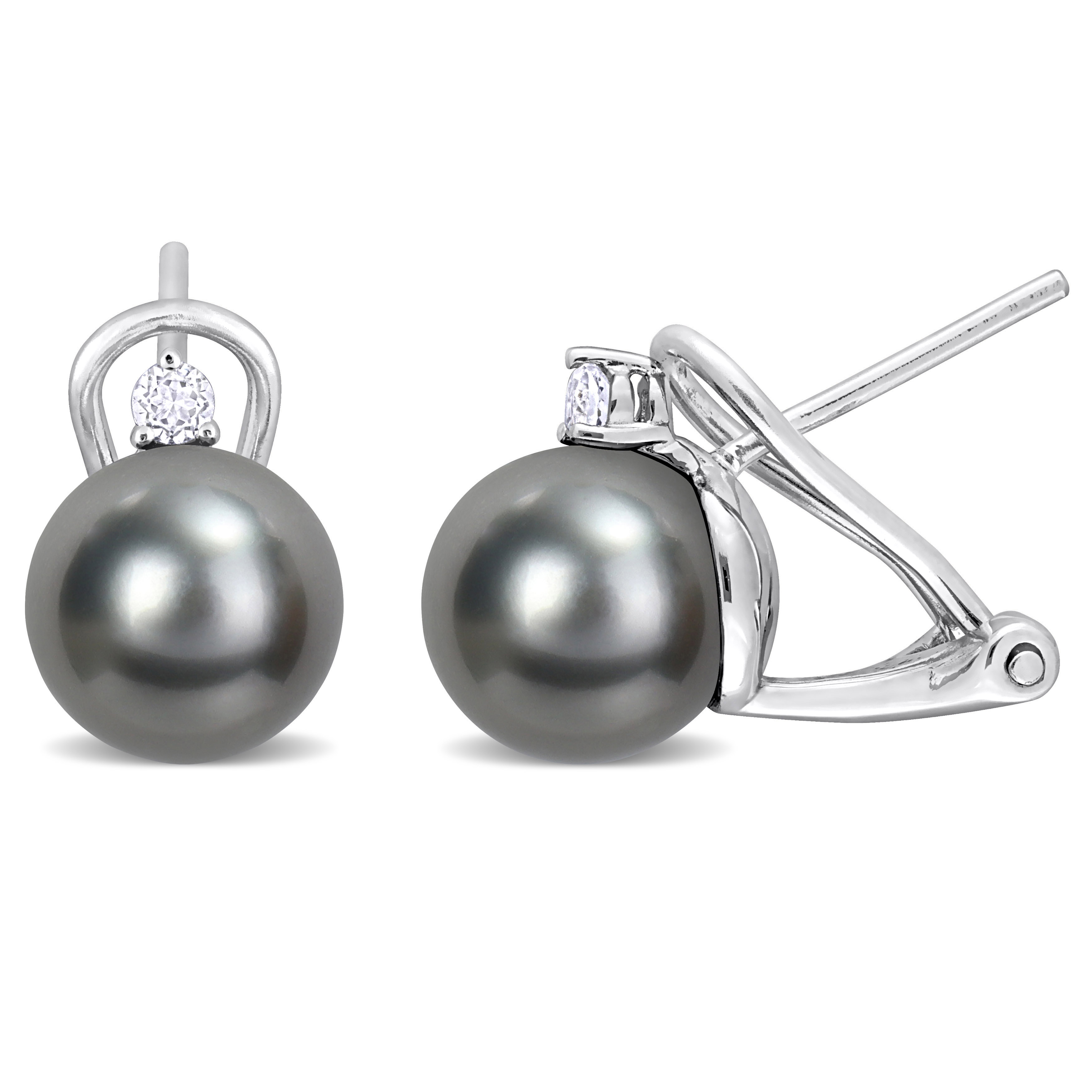 8-8.5mm Cultured Tahitian Pearl and 1/8 CT TGW White Topaz Leverback Earrings in Sterling Silver