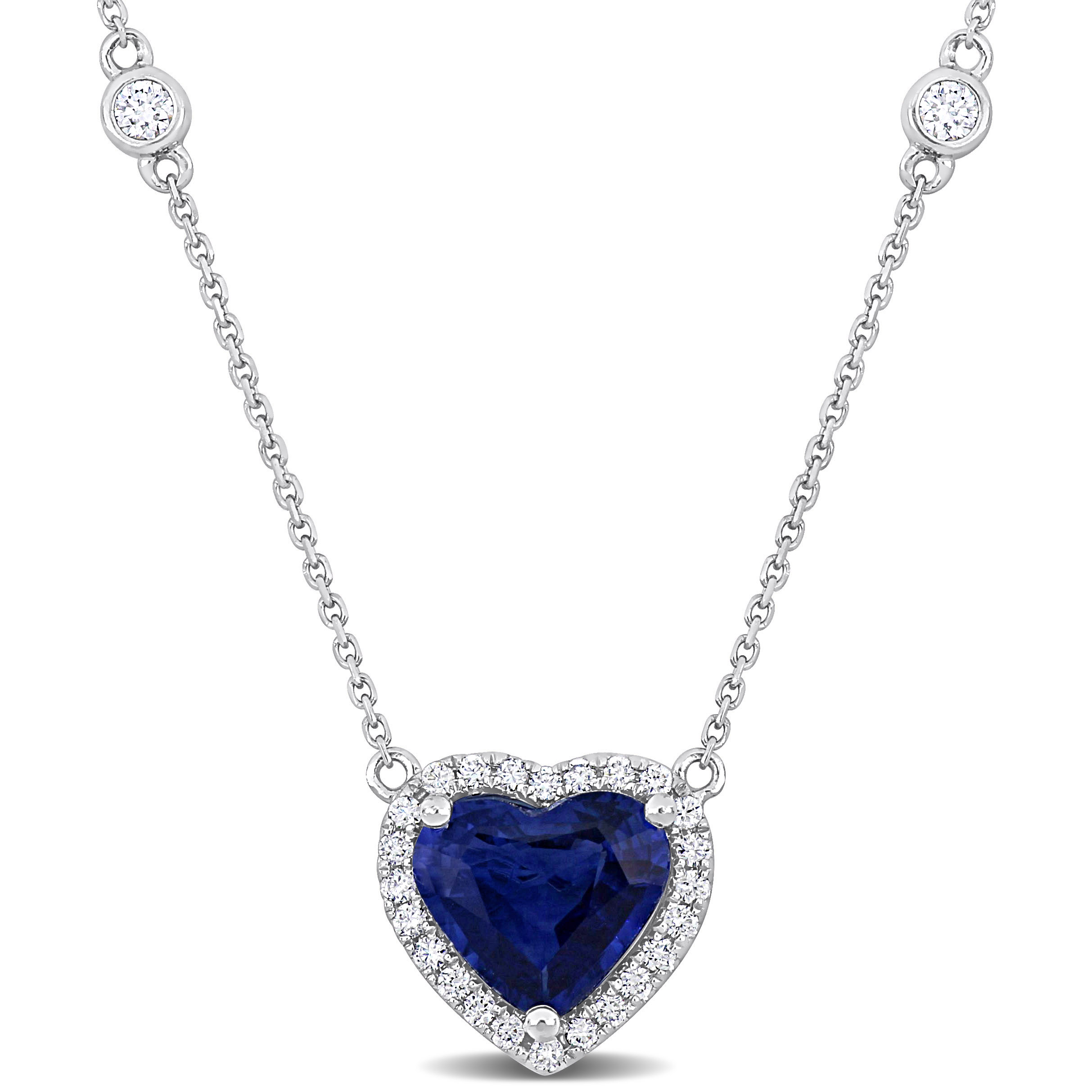 2 1/5 CT TGW Blue Sapphire 1/3 CT TDW Diamond Heart Halo Necklace in 14k White Gold - 16 in.