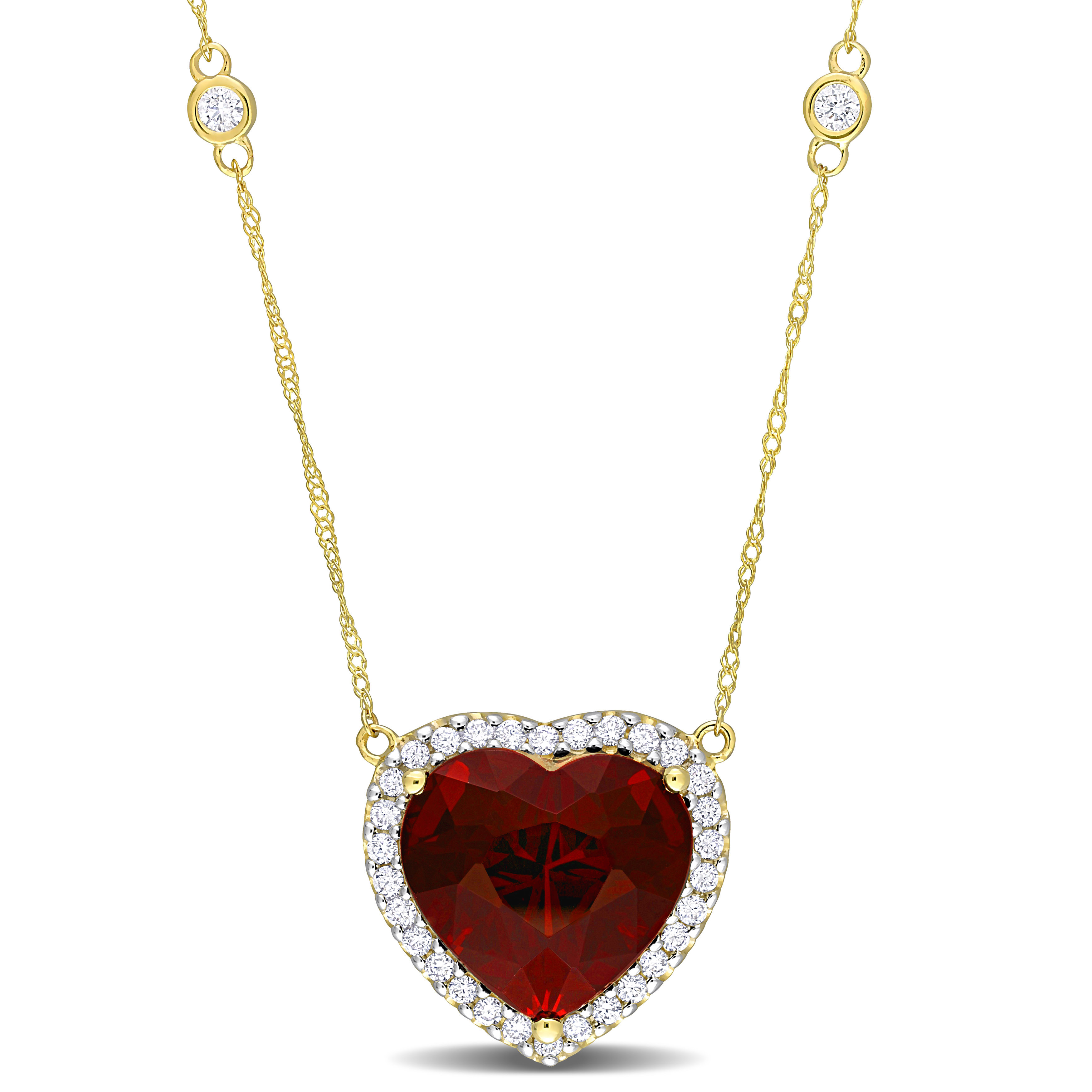 10 1/3 CT TGW Heart-Cut Garnet and 3/8ct TDW Diamond Halo Necklace in 14k Yellow Gold - 16 in.