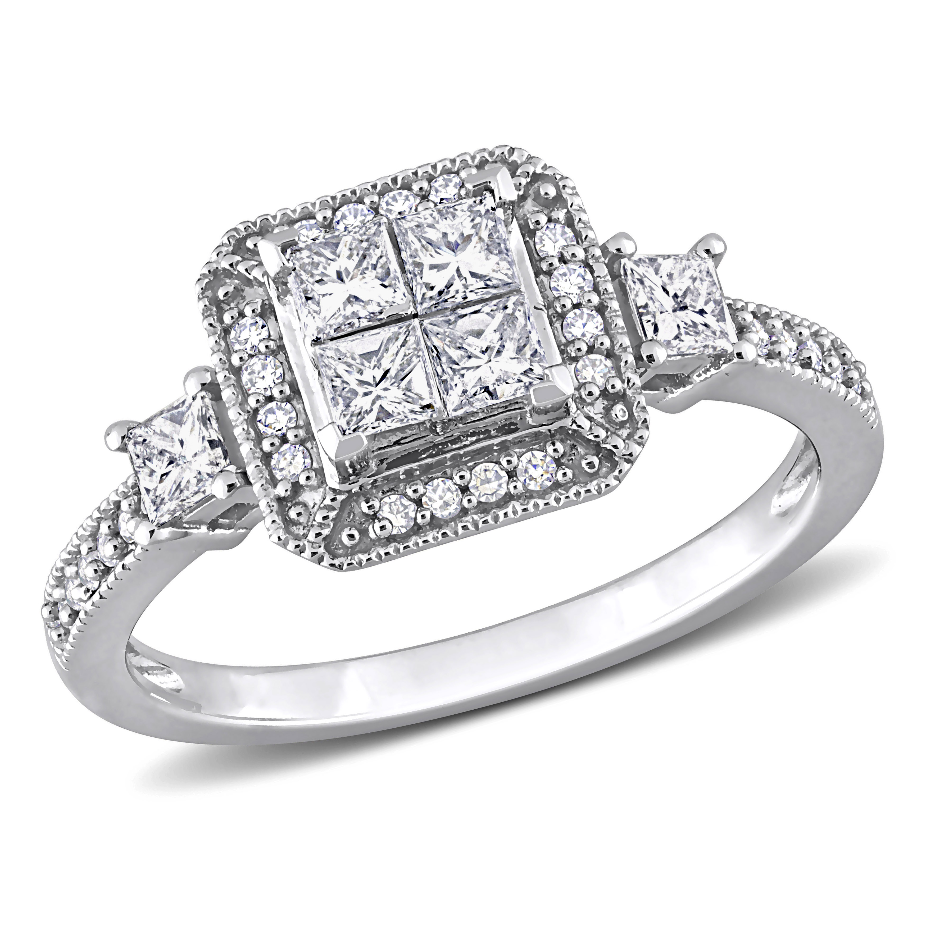 5/8 CT TDW Round and Princess-Cut Diamond Halo Ring in 10k White Gold