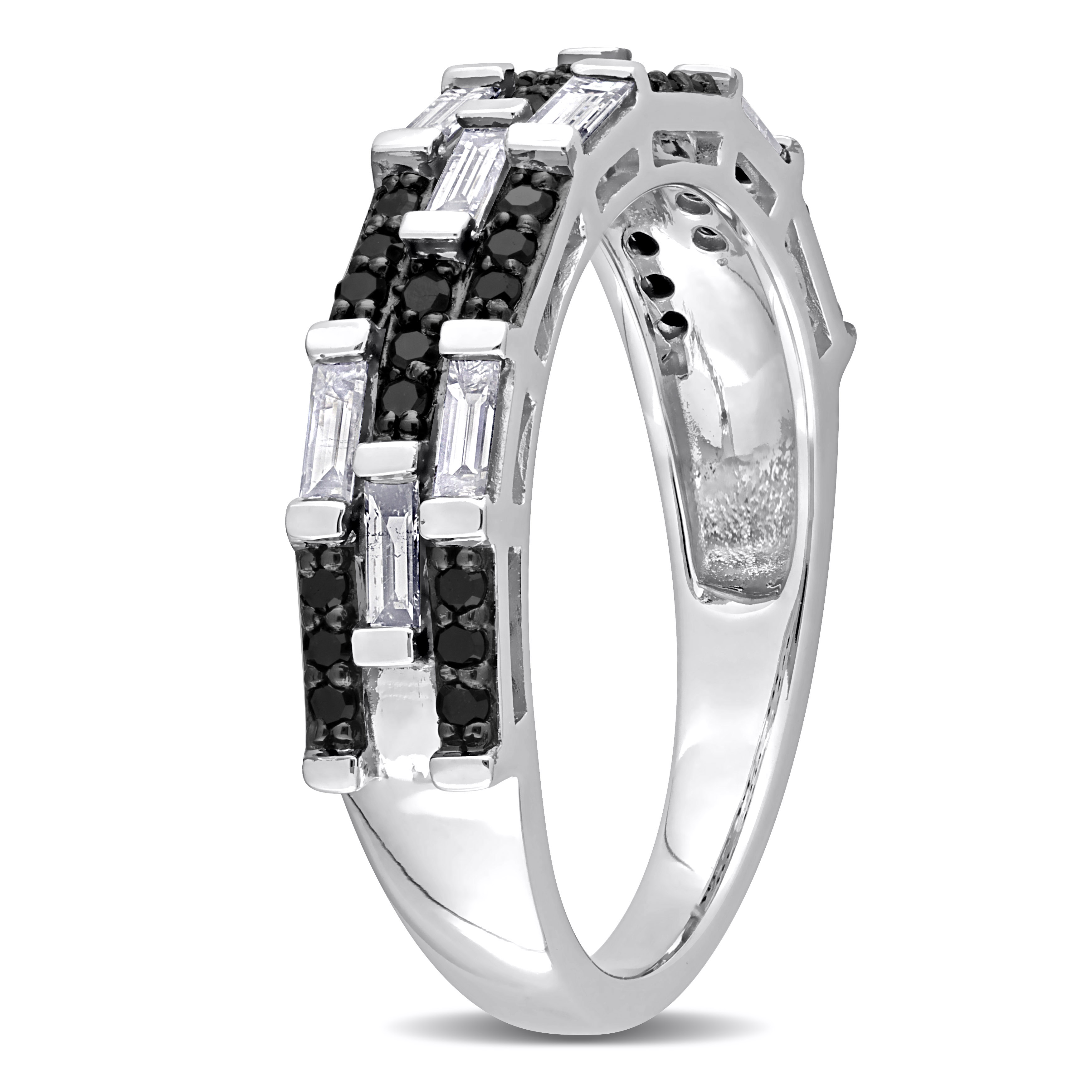 5/8 CT TDW Black & White Parallel Baguette & Round Diamond Multi-row Ring in 14k White Gold