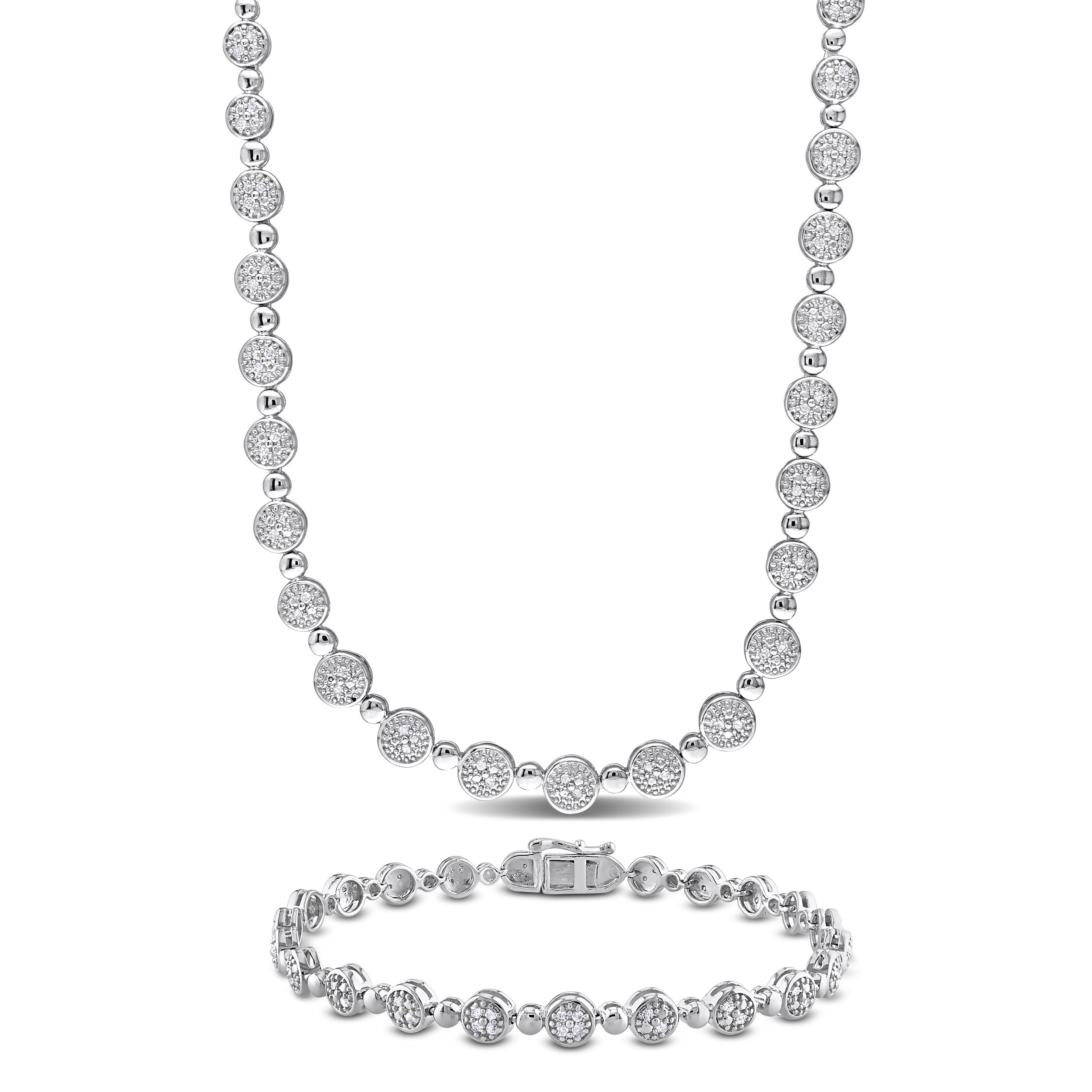 1 CT TW Diamond Tennis Bracelet and Necklace Set in Sterling Silver - 17 in + 7.5 in