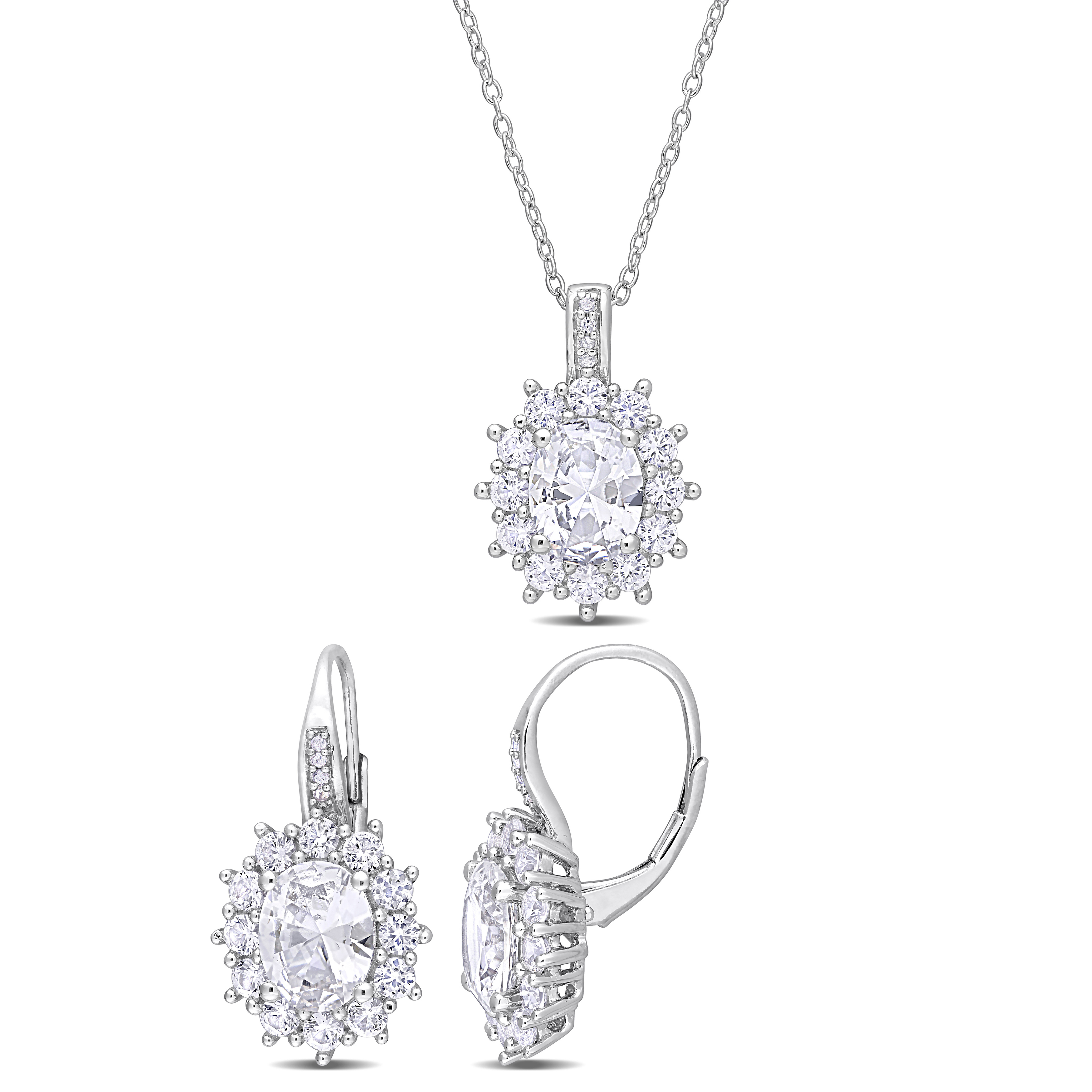 12 1/10 CT TGW Created Oval-Cut and Round White Sapphire and Diamond Accent 2-Piece Necklace and Earrings Set in Sterling Silver