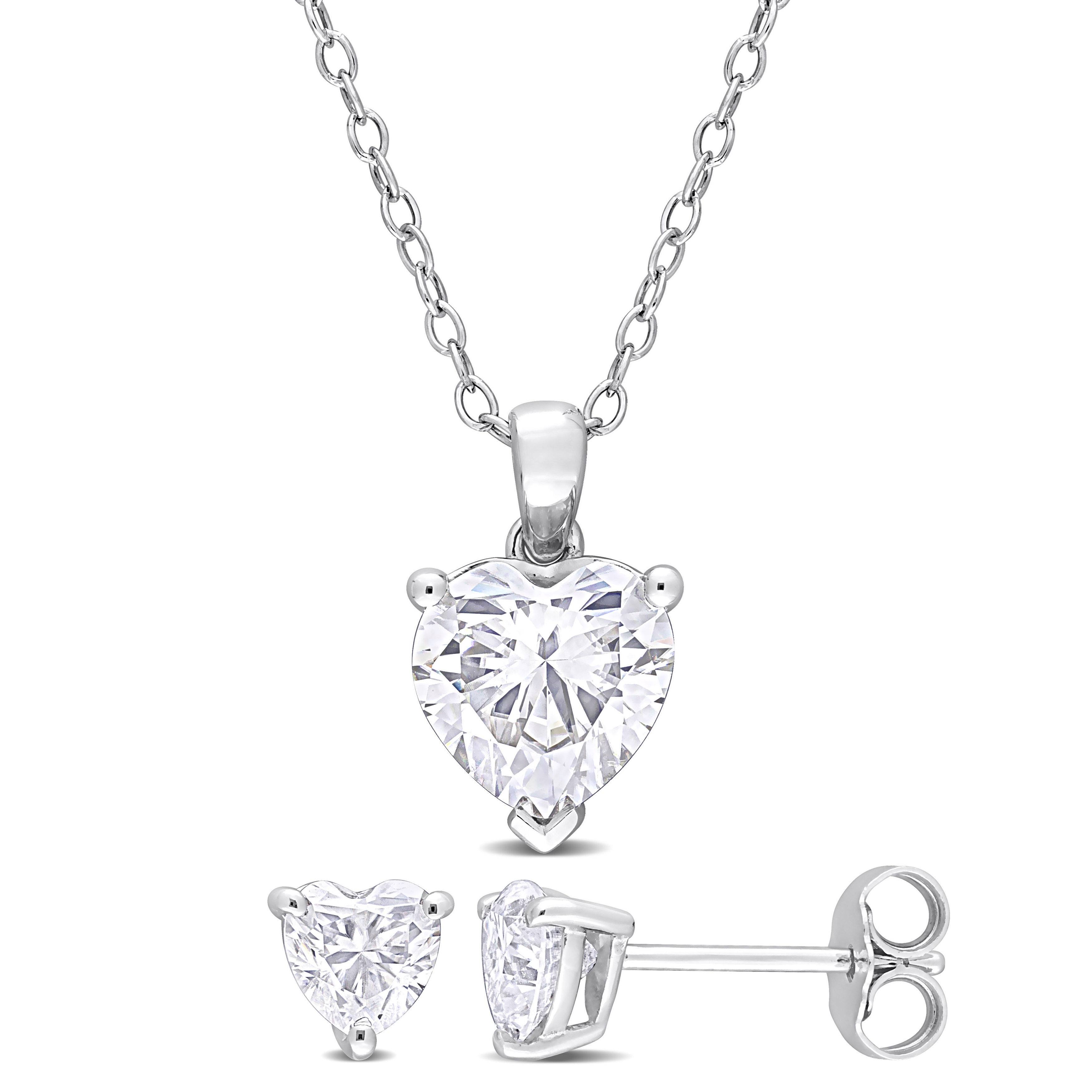 3 CT TGW Heart-Cut Created White Moissanite 2-Piece Solitaire Necklace and Earrings Set in Sterling Silver
