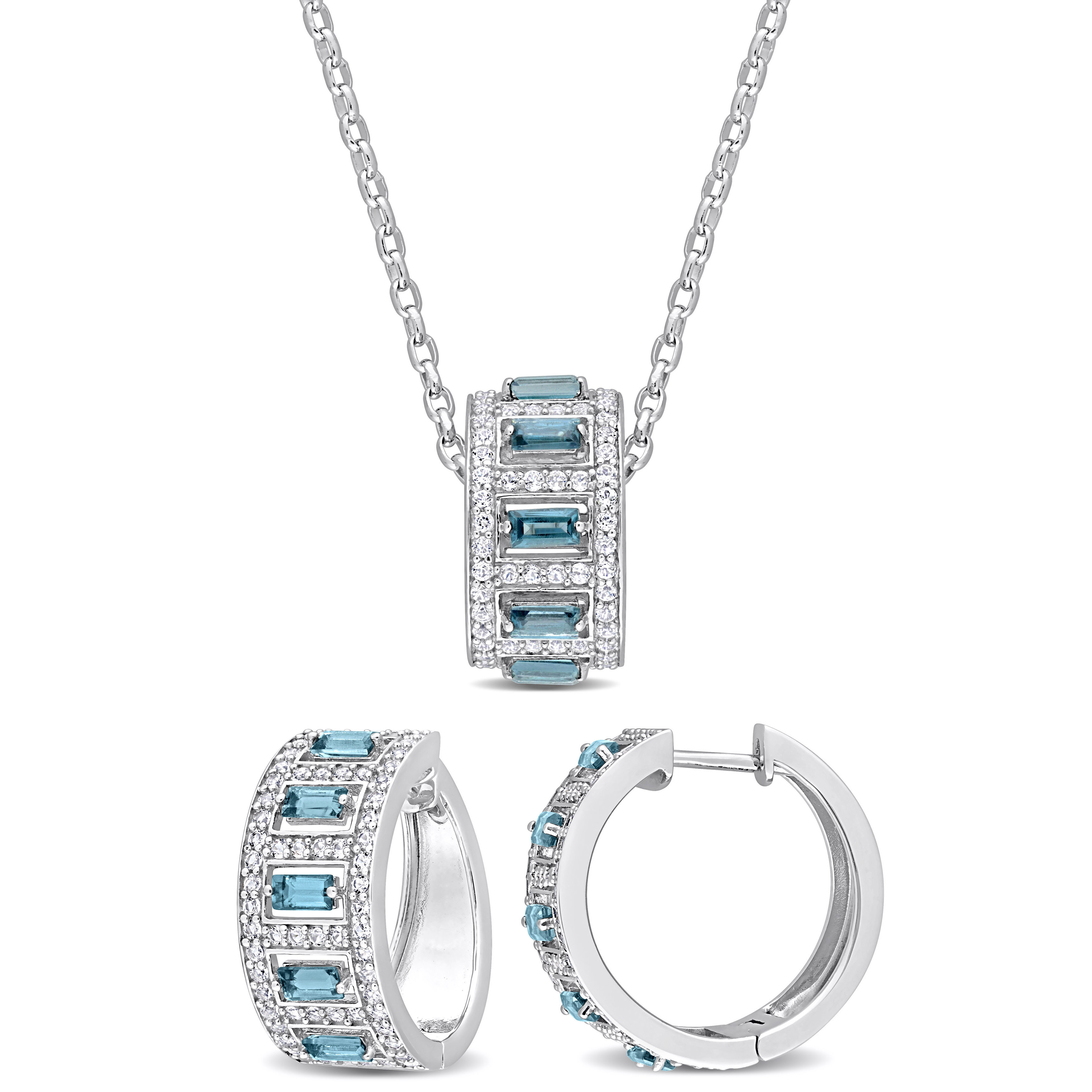 9 7/8 CT TGW Baguette-Cut London-Blue and White Topaz 2-Piece Eternity Design Necklace and Earrings Set in Sterling Silver