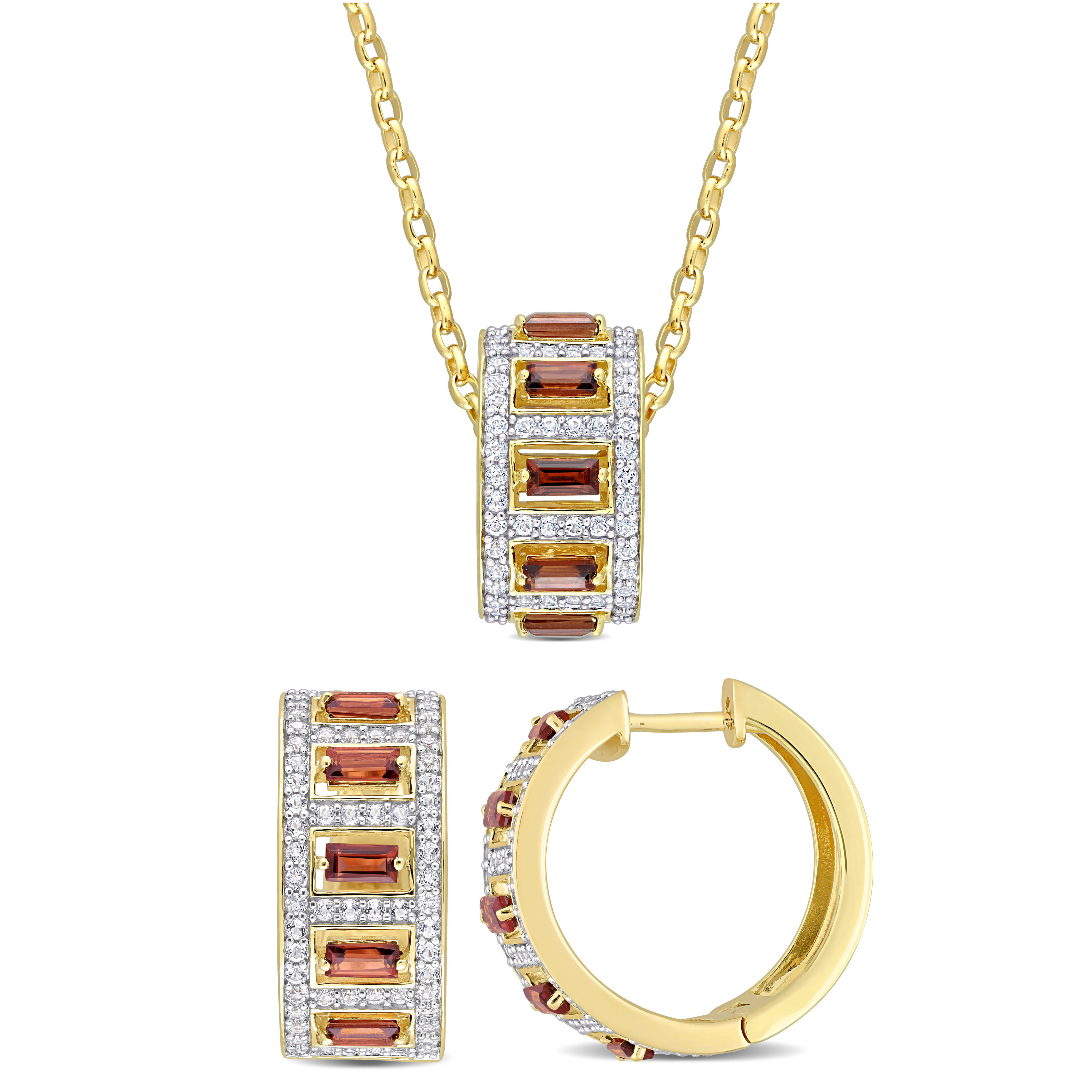 5 3/4 CT TGW Baguette-Cut Garnet and Created White Sapphire 2-Piece Eternity Design Necklace and Earrings Set in Yellow Plated Sterling Silver