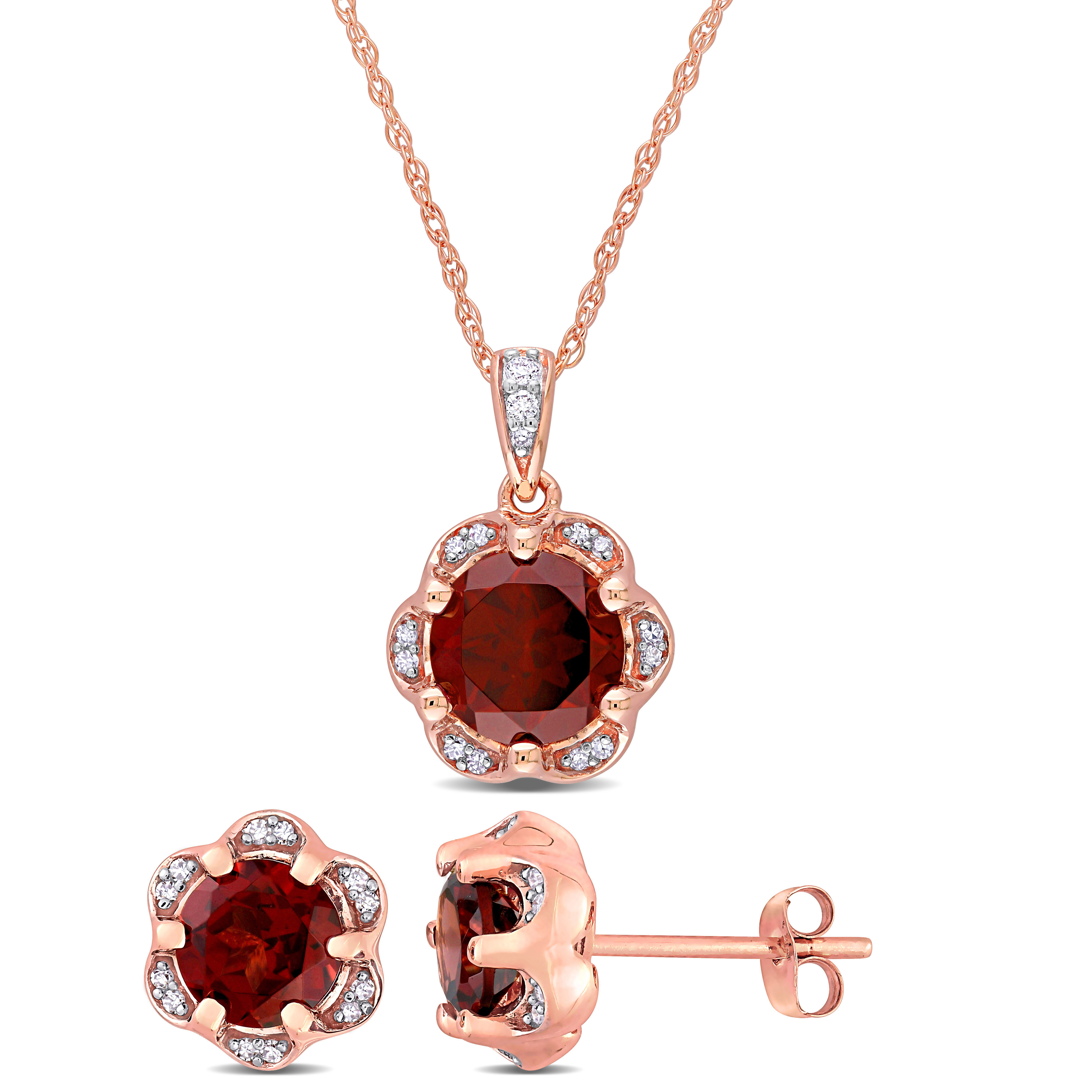 3 5/8 CT TGW Garnet and 1/6 CT TDW Diamond 2-Piece Floral Necklace and Earrings Set in 14k Rose Gold