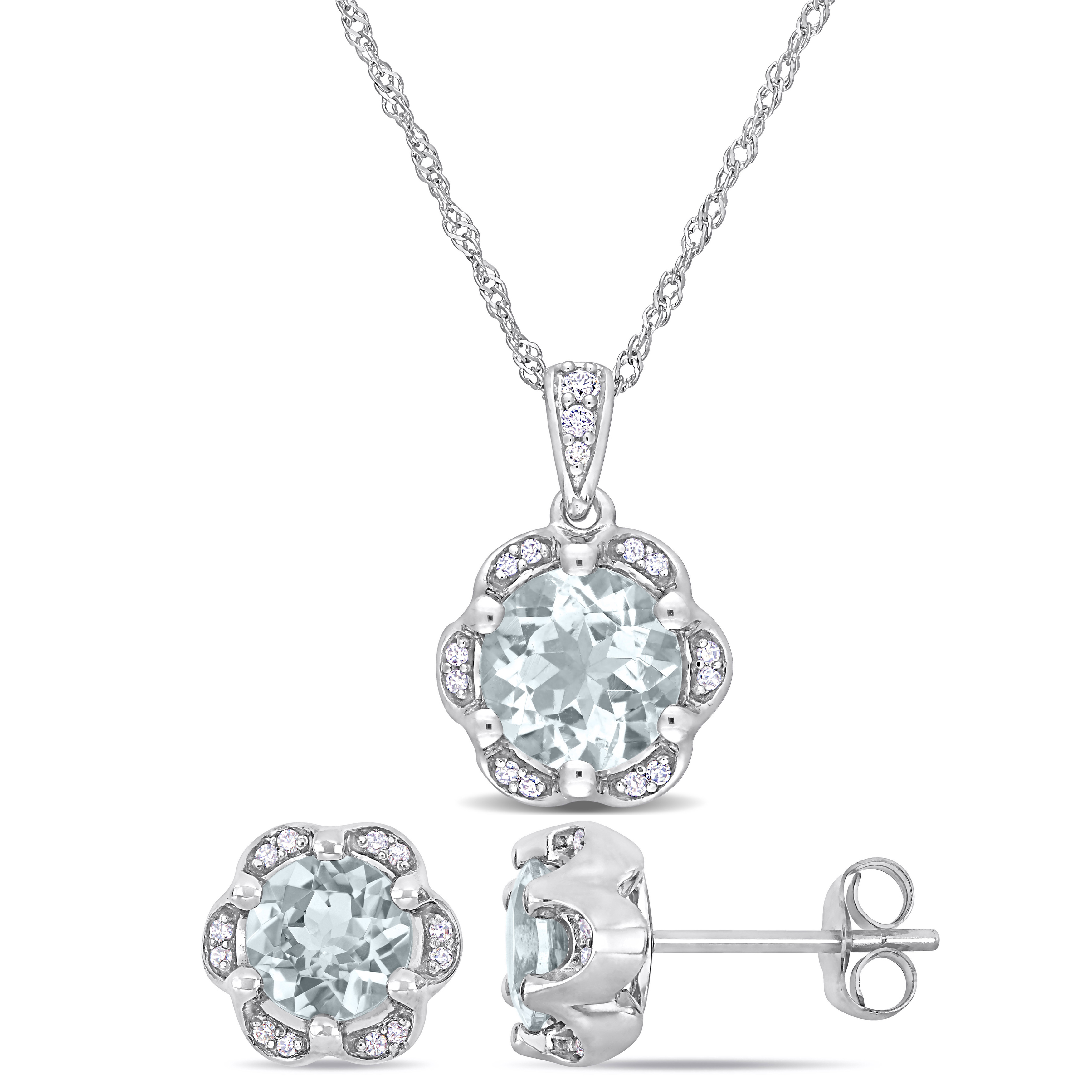 2 1/2 CT TGW Aquamarine and 1/6 Diamond 2-Piece Halo Necklace and Earrings Set in 14k White Gold