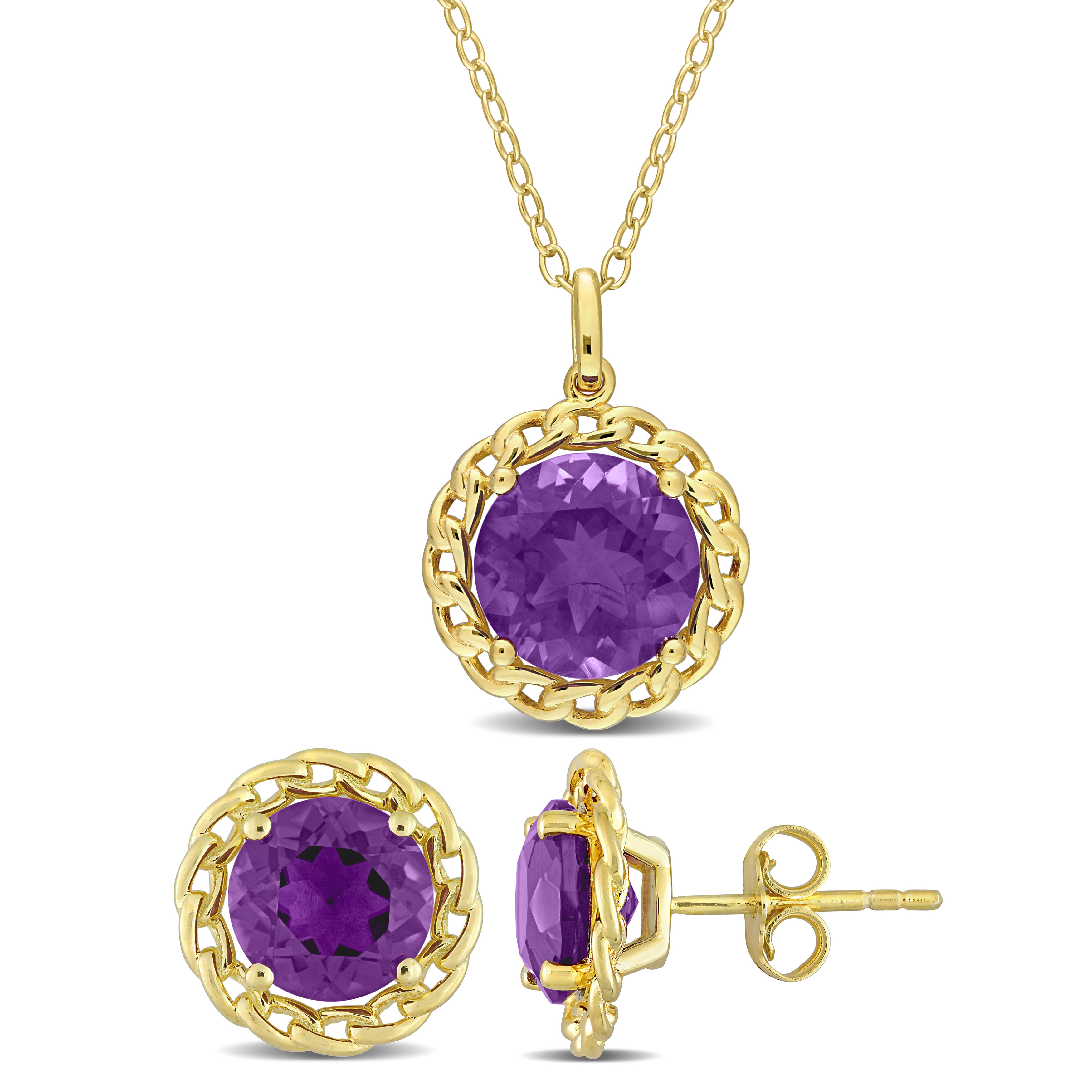 6 CT TGW African Amethyst 2-Piece Solitaire Necklace and Earrings Set in Yellow Plated Sterling Silver
