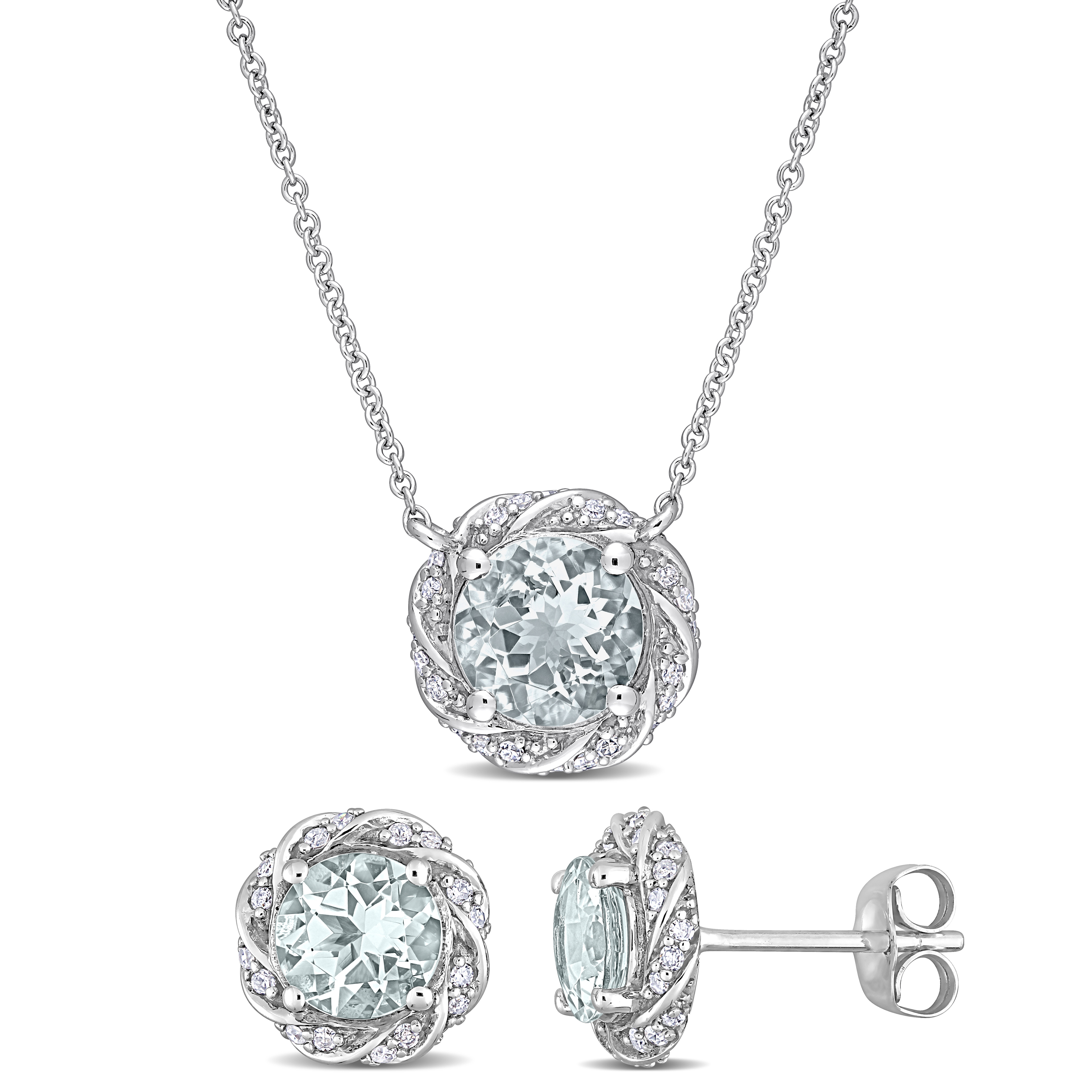 2 1/2 CT TGW Aquamarine and 1/3ct Diamond 2-Piece Halo Necklace and Earrings Set in 10k White Gold