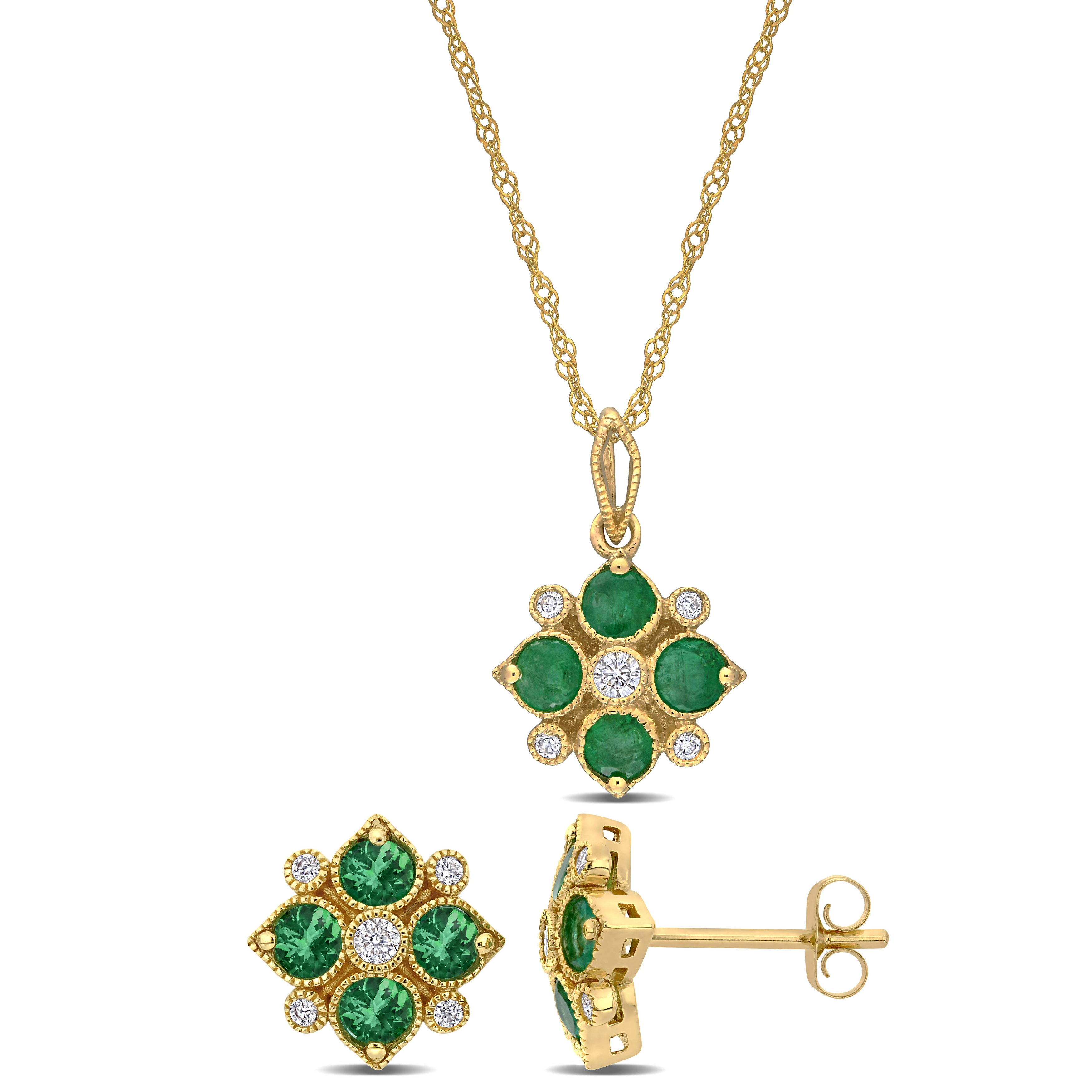 1 1/10 CT TGW Emerald and 1/5ct TDW Diamond 2-Piece Astral Design Necklace and Earrings Set in 14k Yellow Gold
