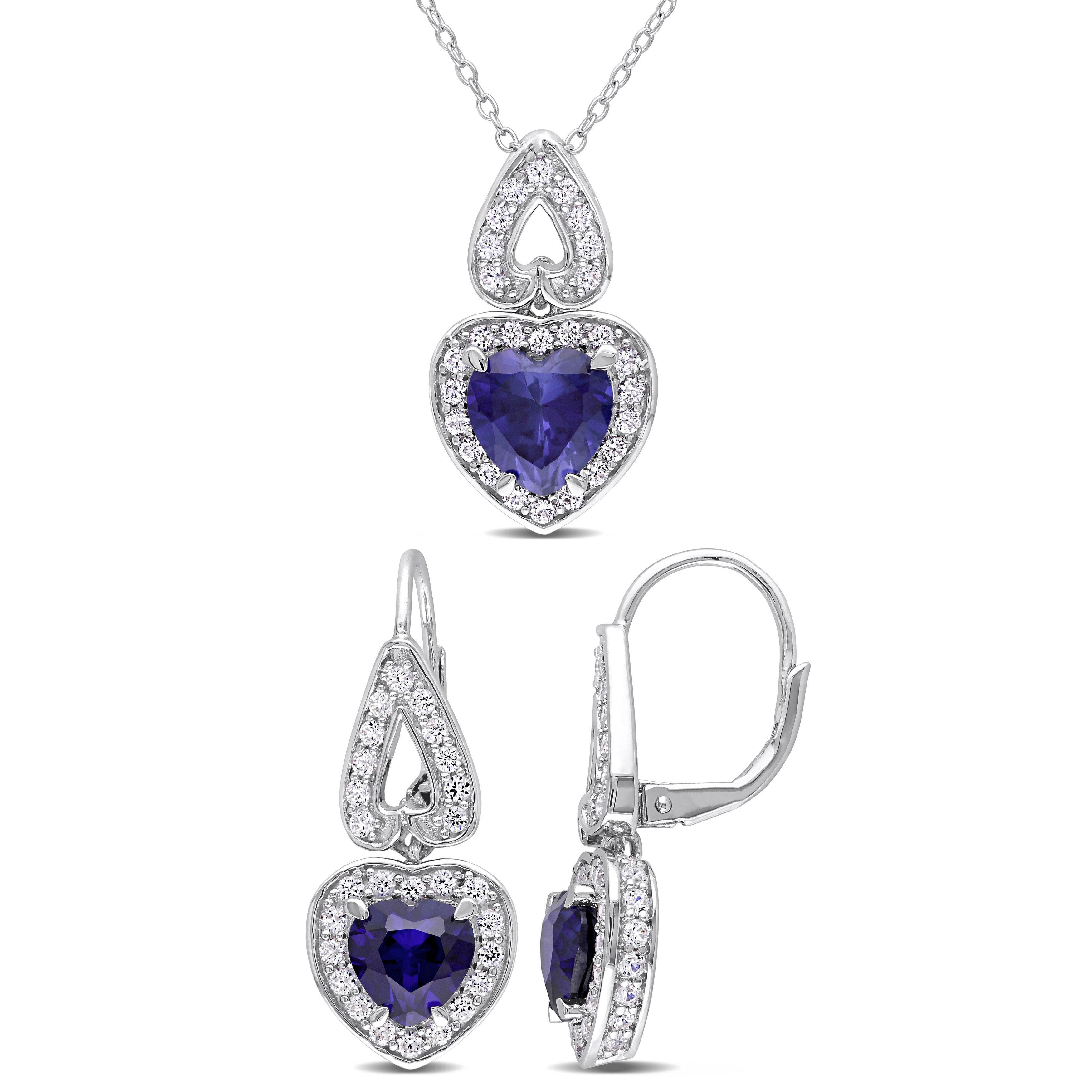 8 5/8 CT TGW Created Blue and White Sapphire 2-Piece Halo Heart Necklace and Earrings Set in Sterling Silver