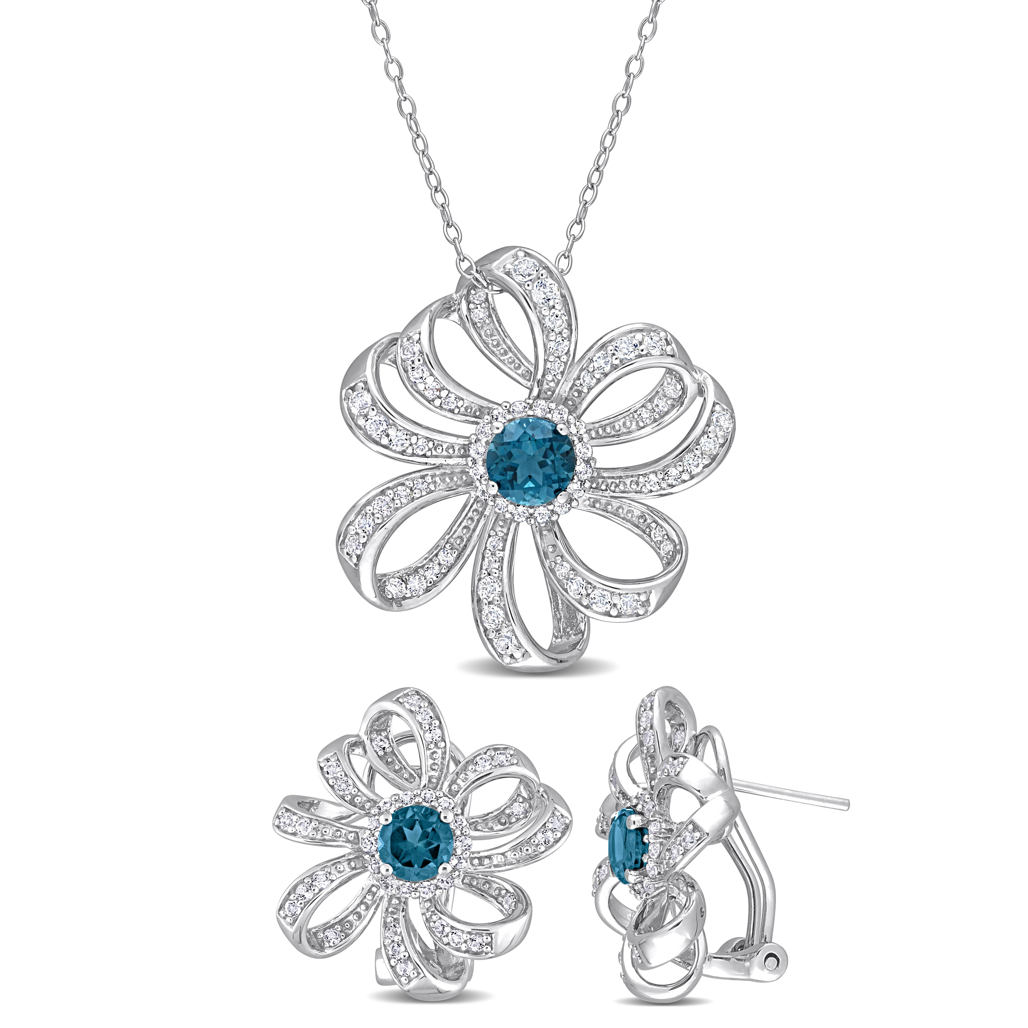 4 1/5 CT TGW London-Blue and White Topaz 2-Piece Floral Necklace and Earrings Set in Sterling Silver