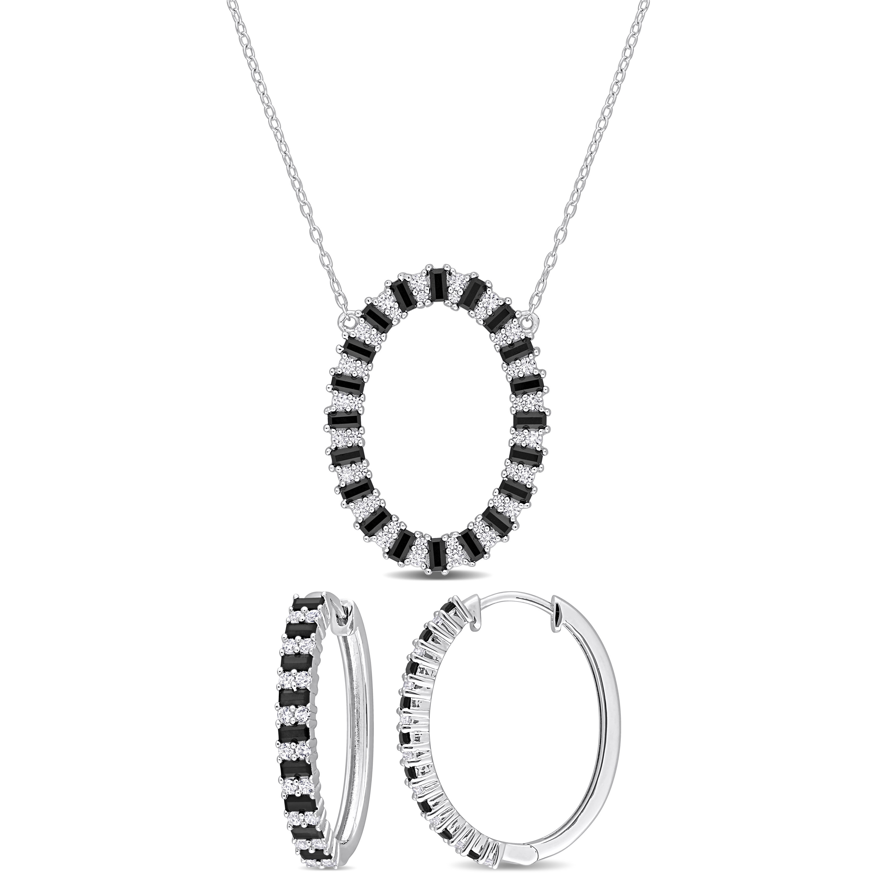 5 1/3 CT TGW Baguette-Cut Black Spinel and Created White Sapphire 2-Piece Necklace and Earrings Set in Sterling Silver