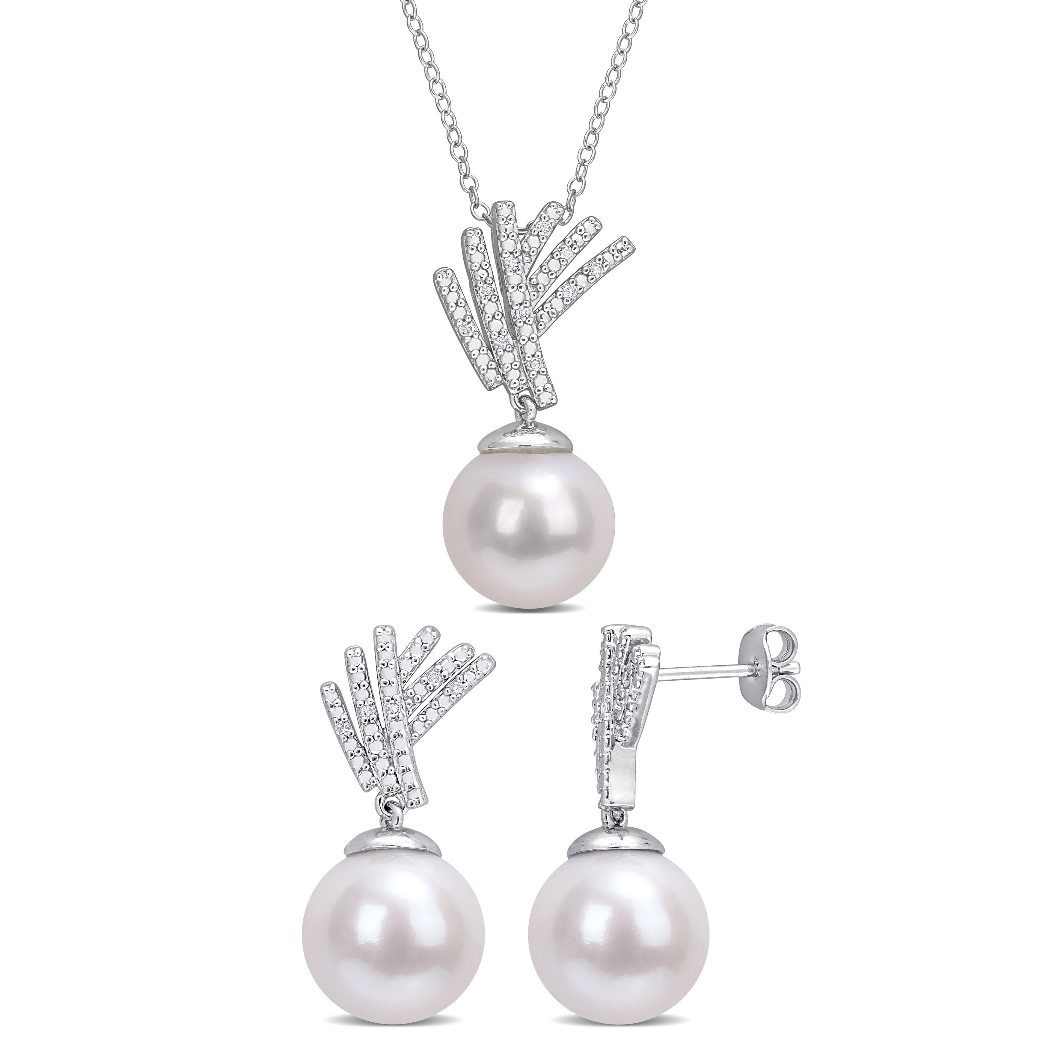 White Round Cultured Freshwater Pearl and 1/10 CT TDW Diamond 2-Piece Drop Necklace and Earrings Set in Sterling Silver