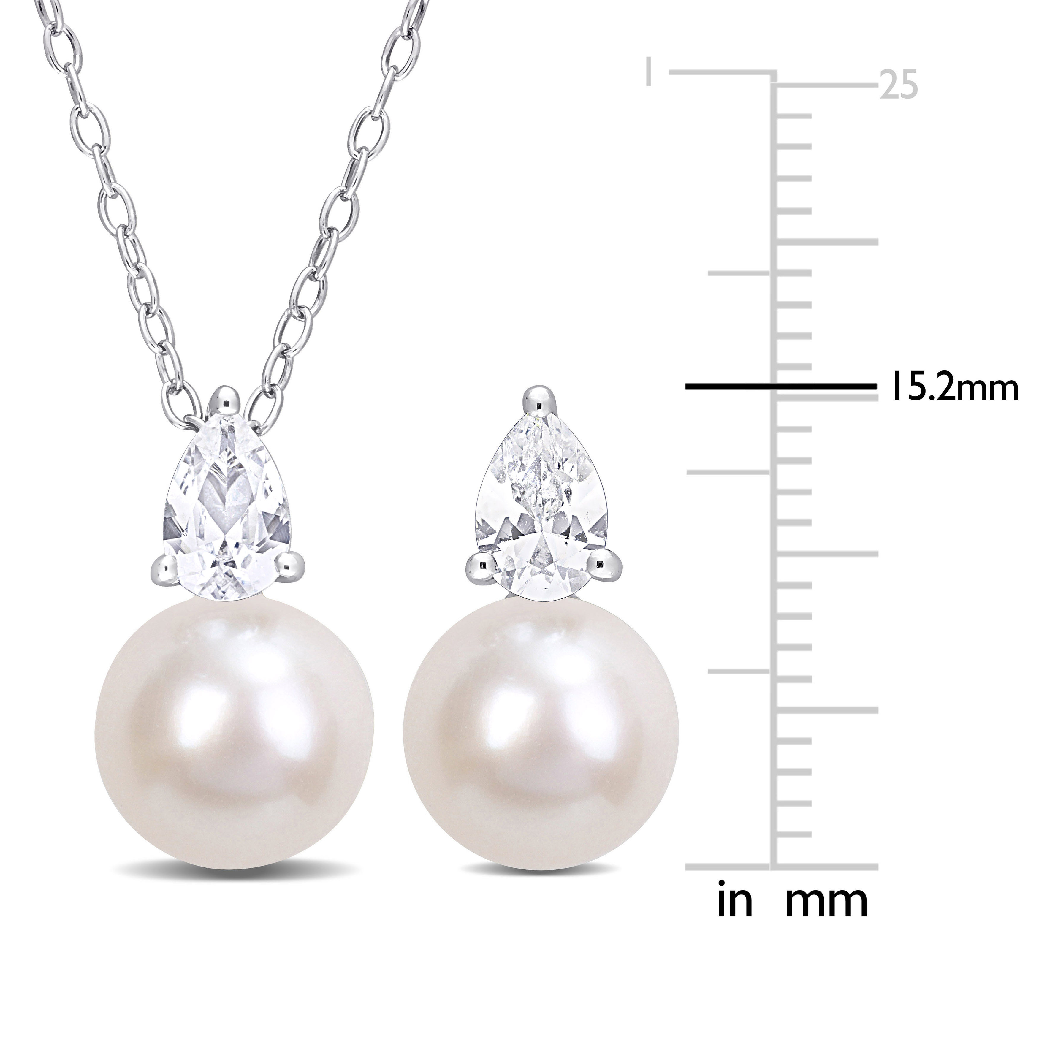 8.5-9mm Cultured Freshwater Pearl and 2ct TGW Created White Sapphire Pendant with Chain and Earrings Set in Sterling Silver - 18 in