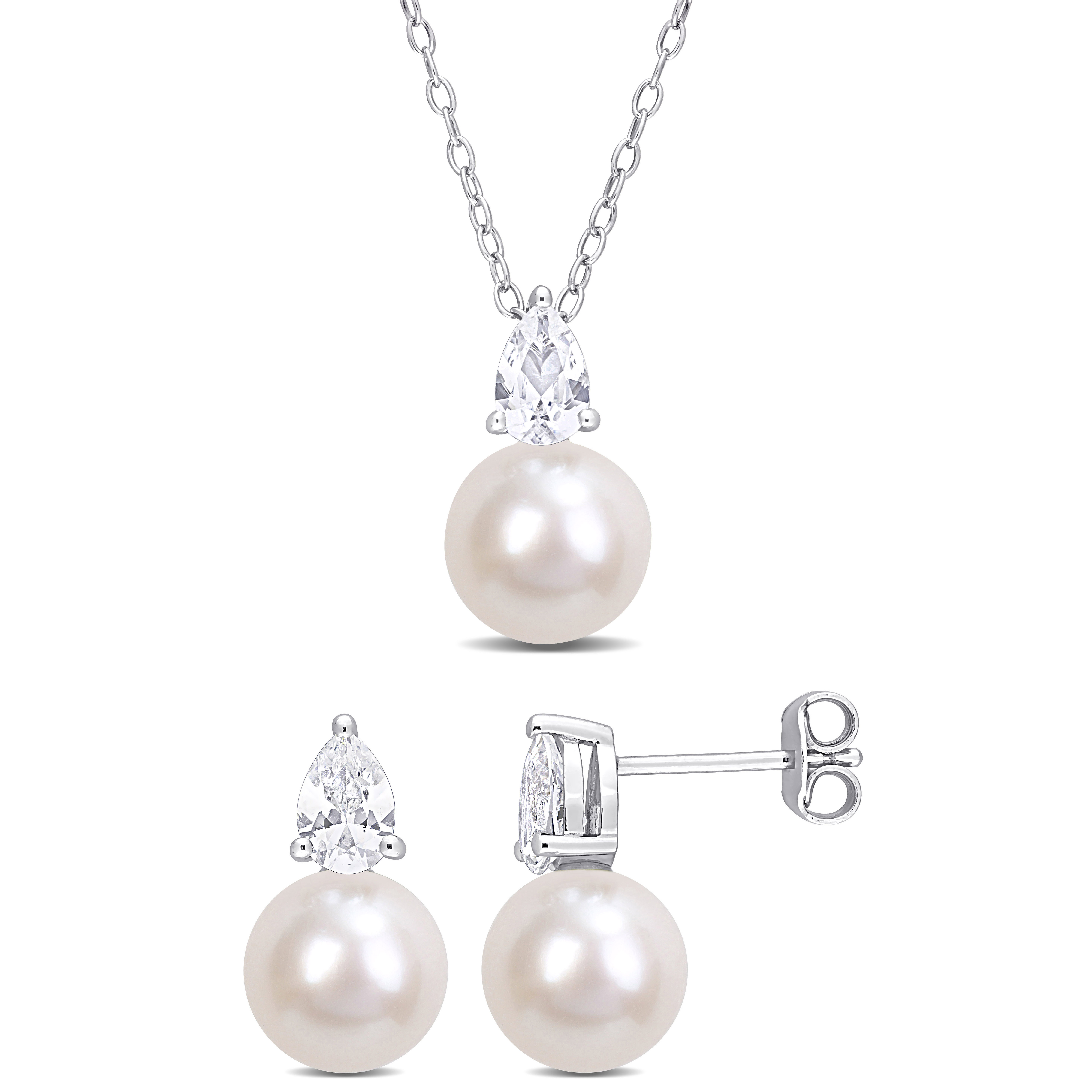 8.5-9 MM White Round Cultured Freshwater Pearl and 2 CT TGW Pear-Cut Created White Sapphire 2-Piece Drop Necklace and Earrings Set in Sterling Silver