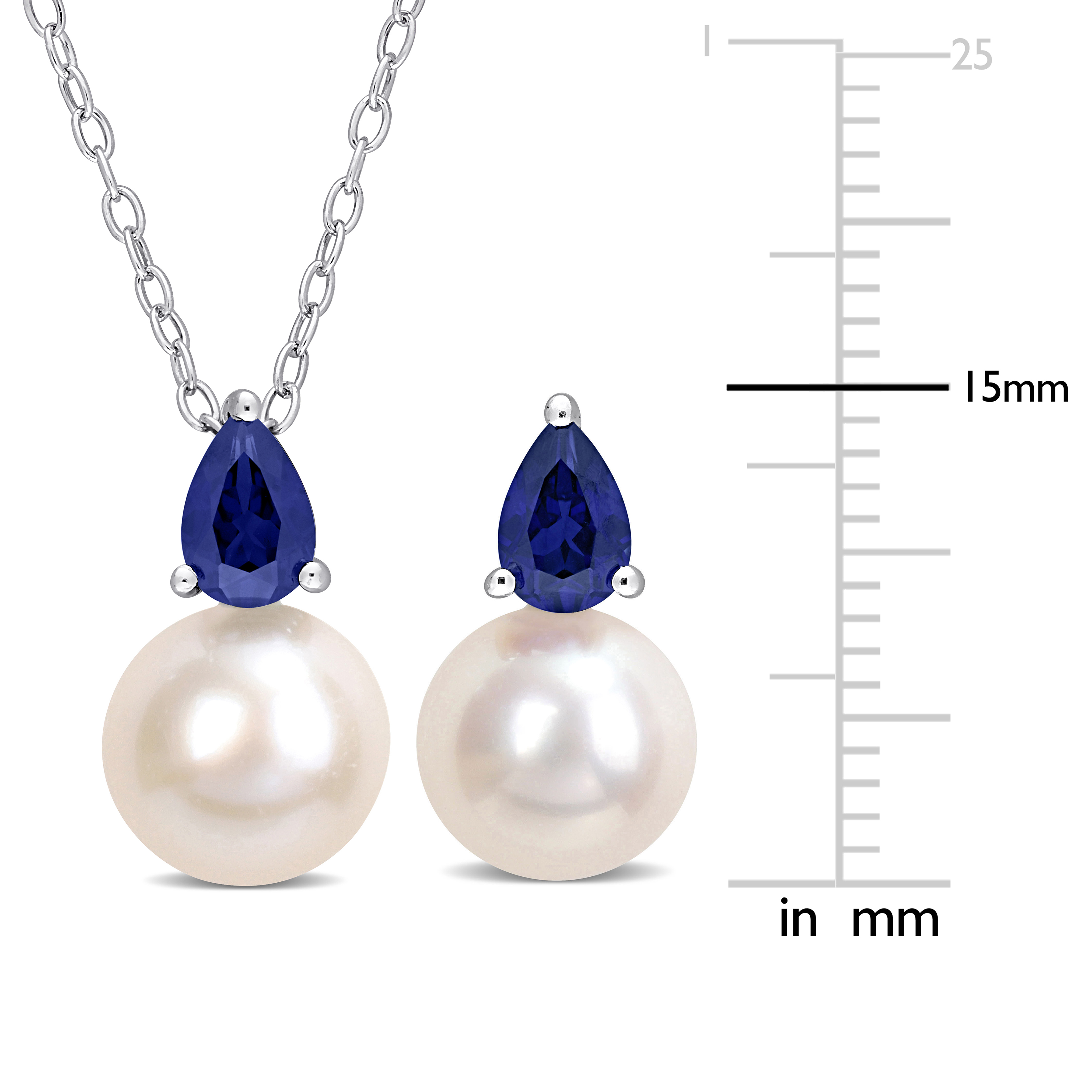 8.5-9mm Cultured Freshwater Pearl and 2ct TGW Created Blue Sapphire Pendant with Chain and Earrings Set in Sterling Silver - 18 in
