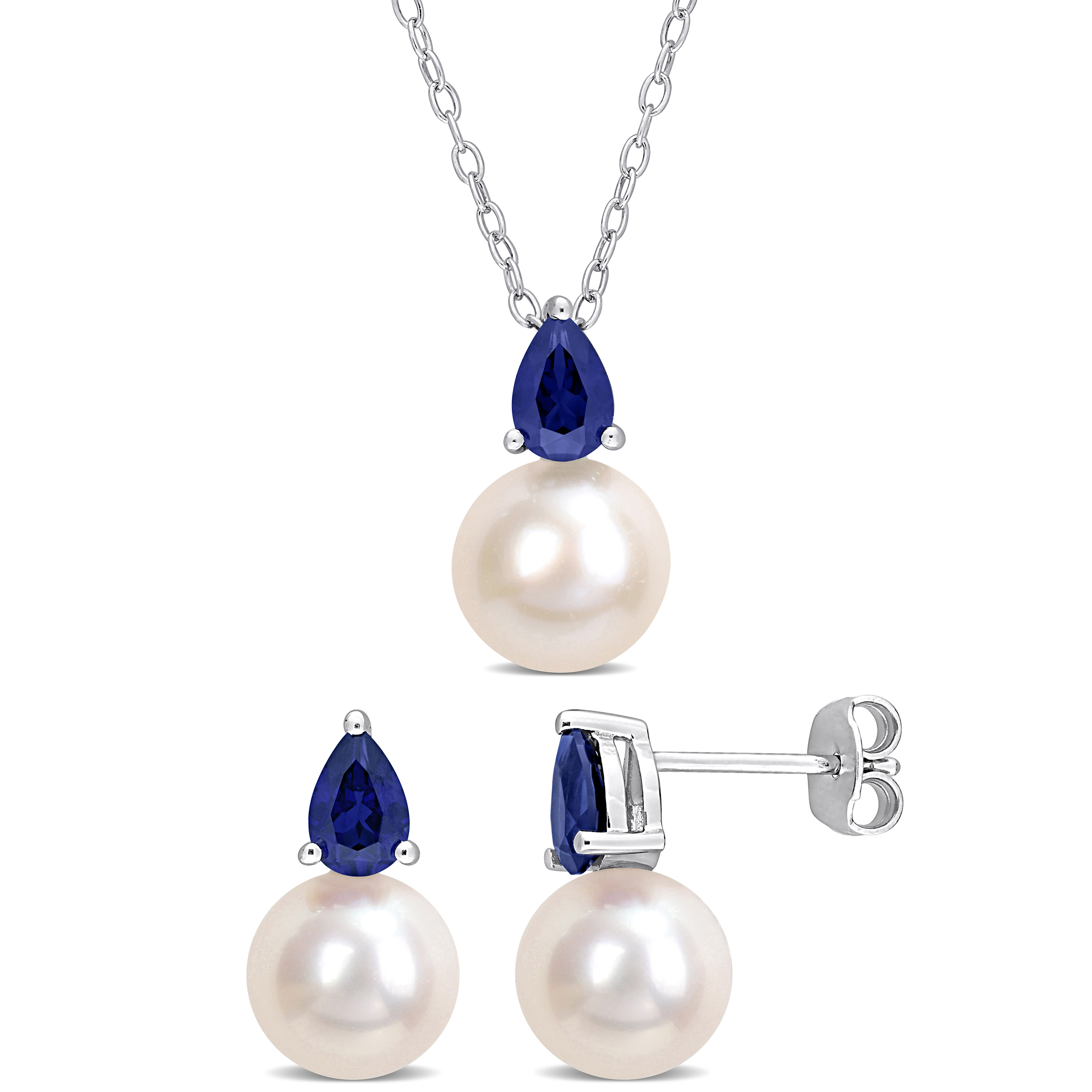 8.5-9 MM White Round Cultured Freshwater Pearl and 2 CT TGW Pear-Cut Created Blue Sapphire 2-Piece Drop Necklace and Earrings Set in Sterling Silver