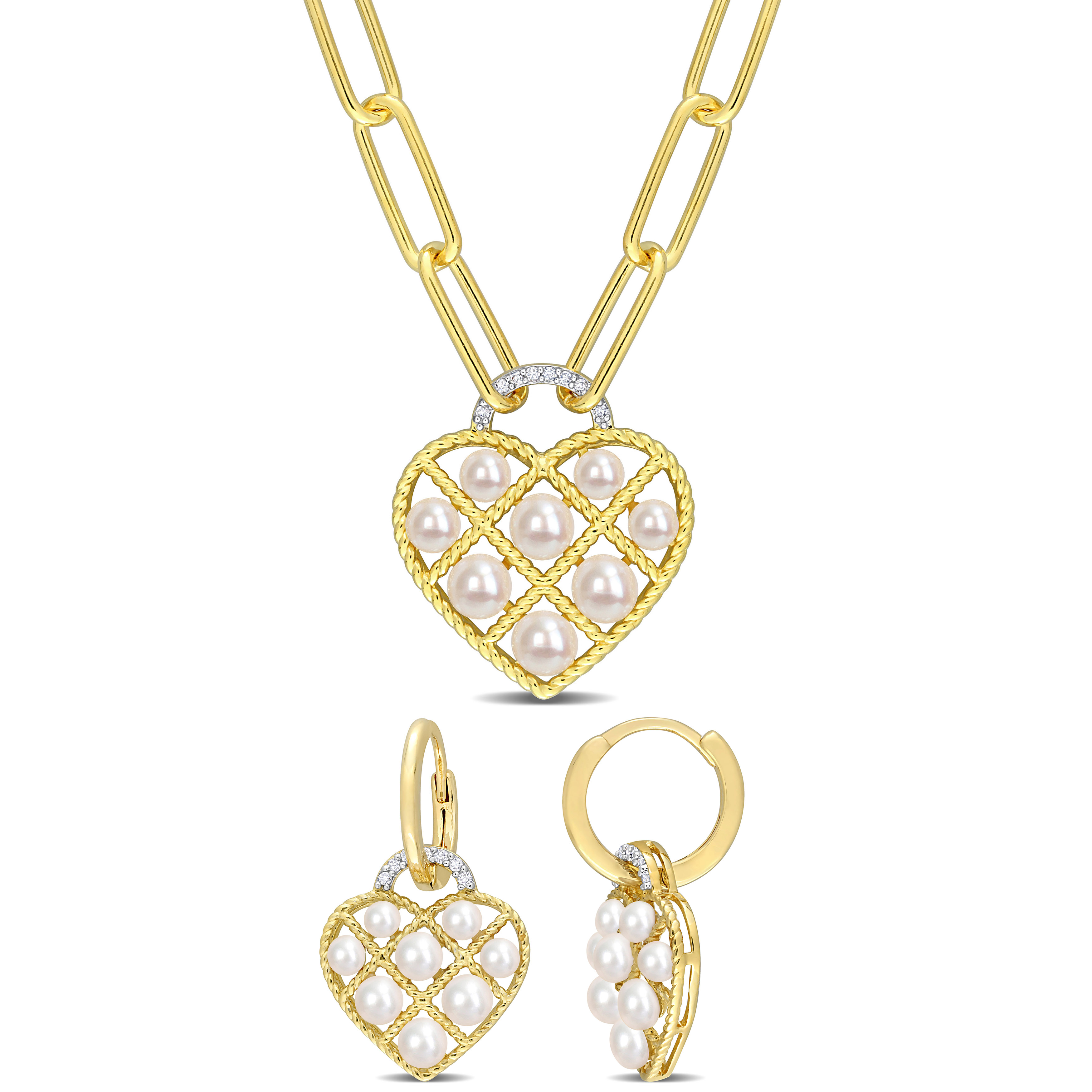 White Cultured Freshwater Pearl and 1/10 CT TDW Diamond 2-Piece Heart Necklace and Earrings Set in Yellow Plated Sterling Silver