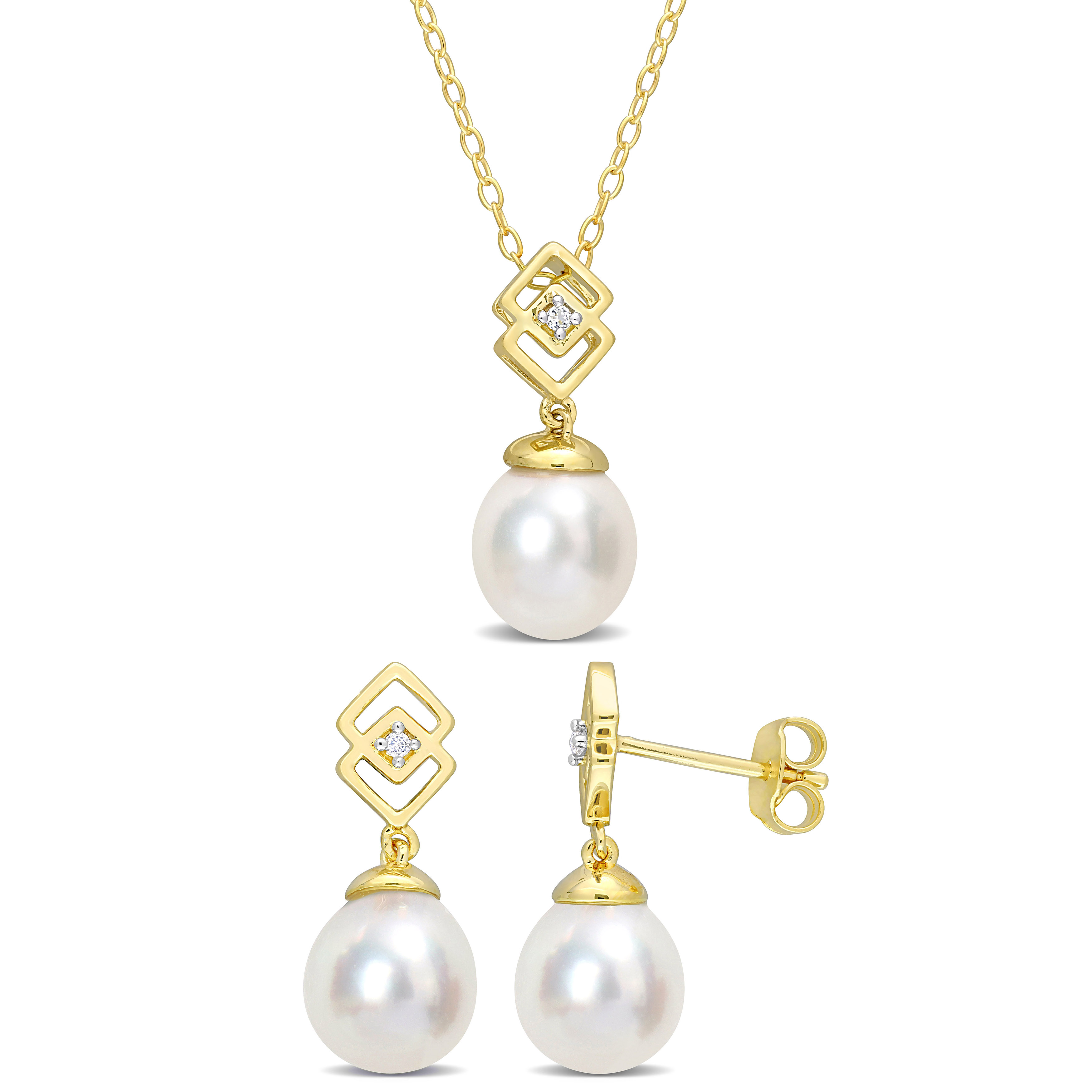 8-9 MM Cultured South Sea Pearl and White Topaz 2-Piece Drop Necklace and Earrings 2-Piece Set in Yellow Plated Sterling Silver