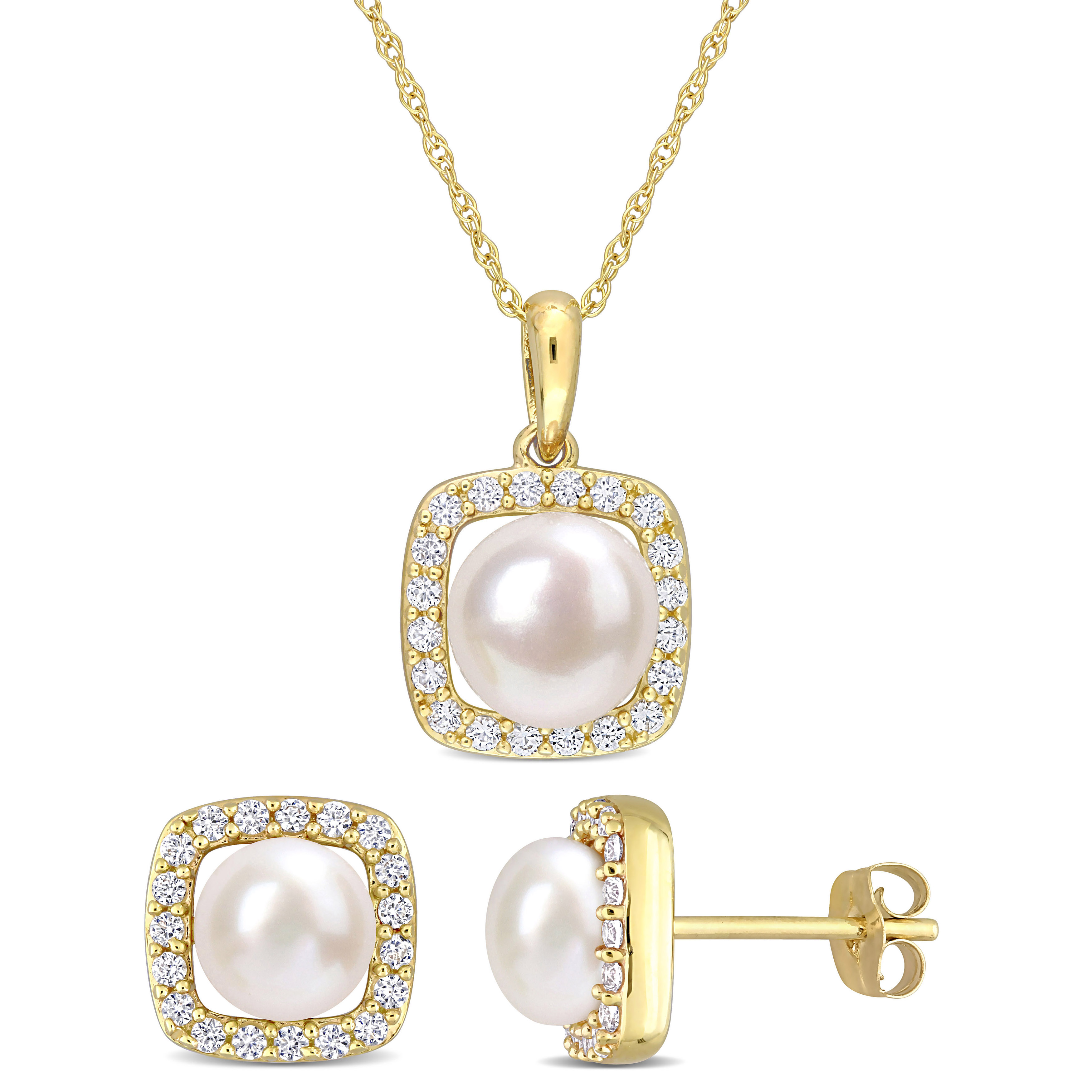 6-7.5 MM Cultured Freshwater Pearl and 3/5 CT TGW Created White Sapphire Necklace and Earrings 2-Piece Set in 10k Yellow Gold