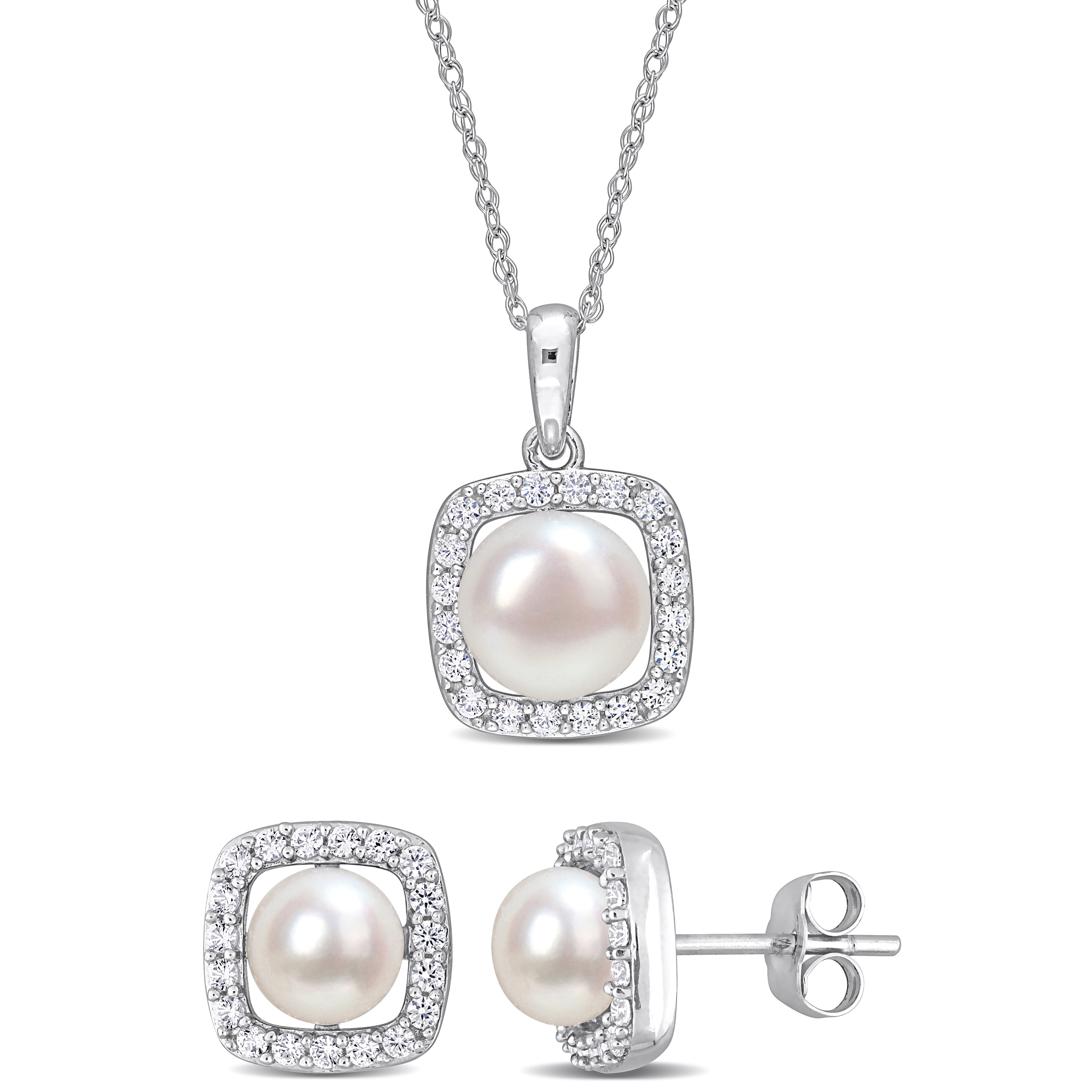 6-7.5 MM White Round Cultured Freshwater Pearl and 3/5 CT TGW Created White Sapphire 2-Piece Halo Necklace and Earrings Set in 10k White Gold