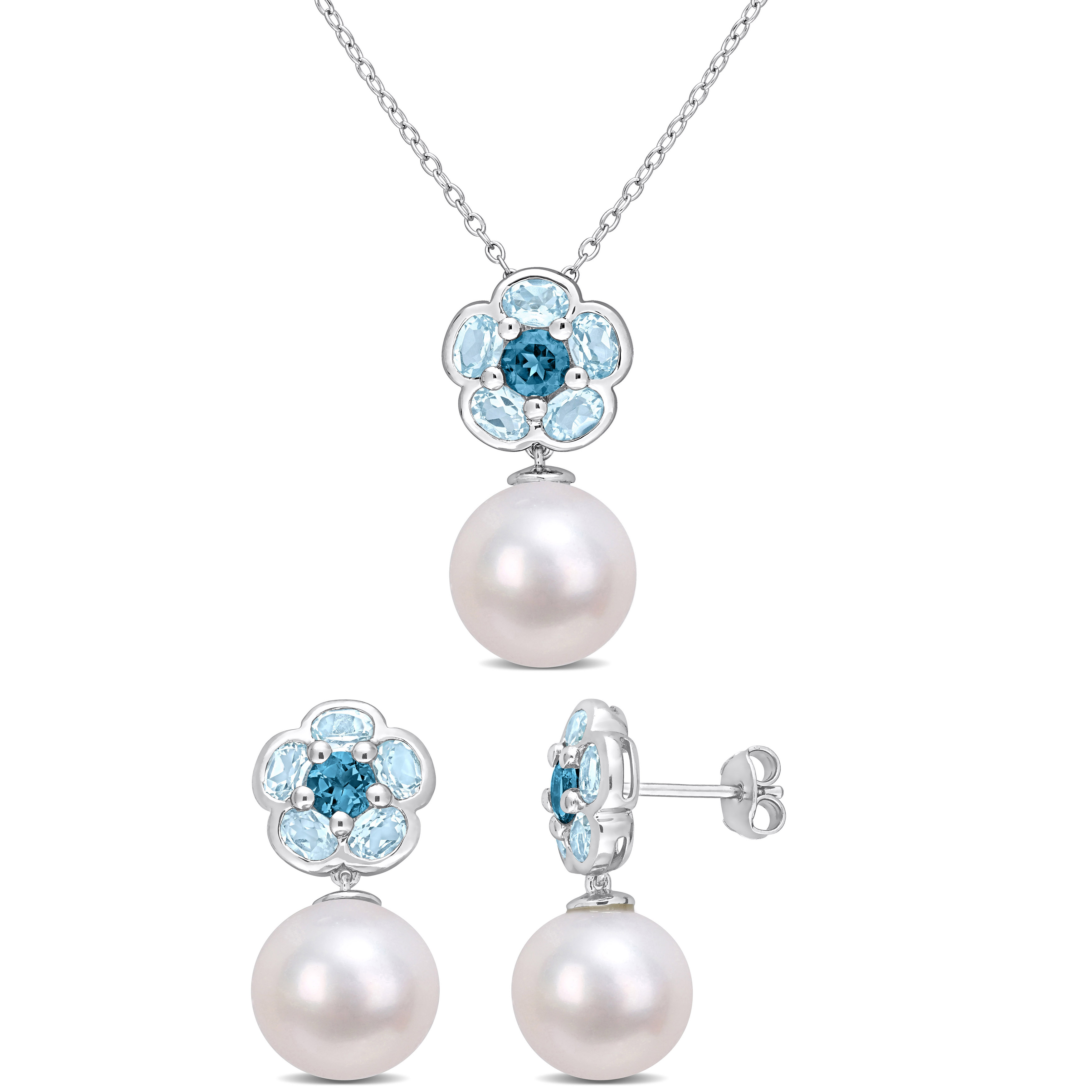 4 5/8 CT TGW London-Blue Topaz Oval-Cut Sky-Blue Topaz and White Round Cultured Freshwater Pearl 2-Piece Drop Necklace and Earrings Set in Sterling Silver