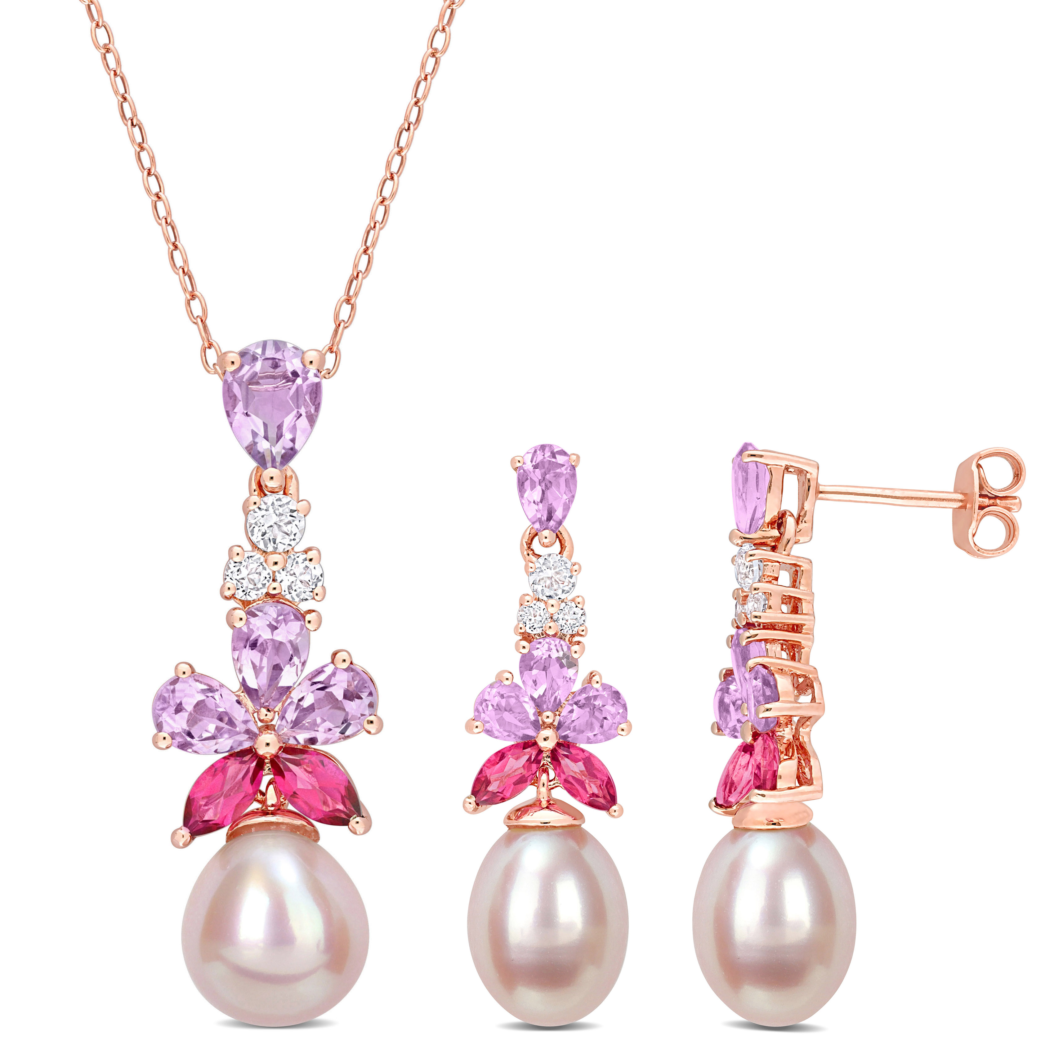 4 4/5 CT TGW Marquise-Cut Pink Topaz Pear-Cut Rose de France White Topaz and Pink Cultured Freshwater Rice Pearl 2-Piece Necklace and Earrings Set in Rose Plated Sterling Silver