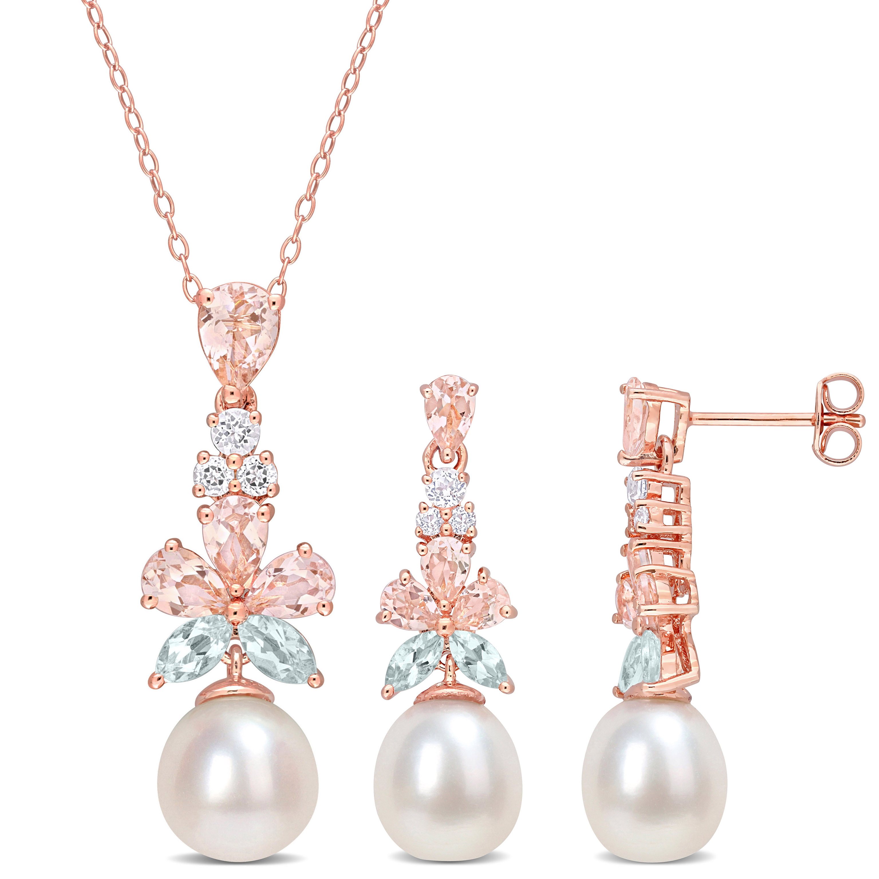 8.5-10 MM Cultured Freshwater Rice Pearl and 5 CT TGW Marquise-Cut Aquamarine Pear-Cut Morganite White Topaz 2-Piece Drop Necklace and Earrings Set in Rose Plated Sterling Silver