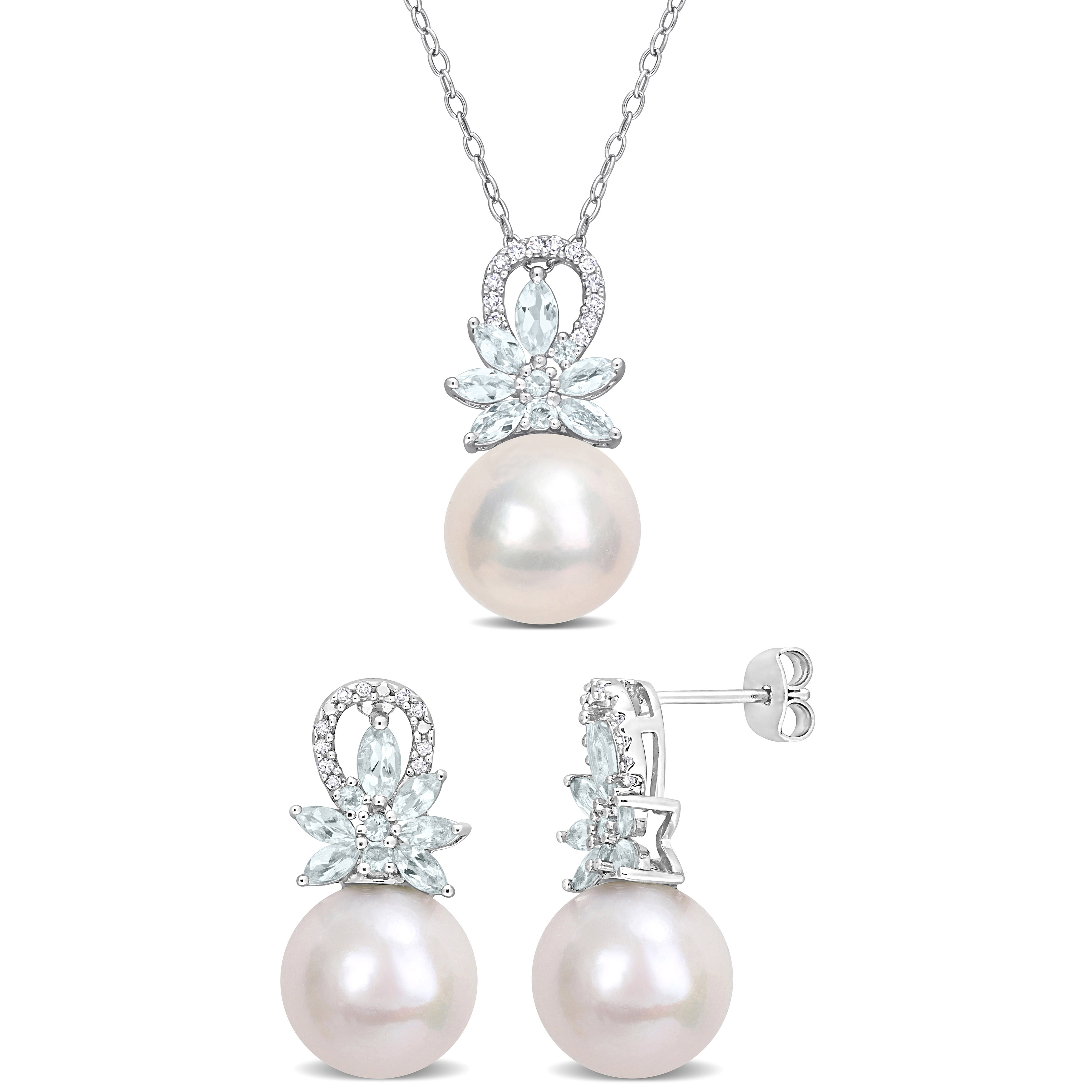 11-12 MM White Round Cultured Freshwater Pearl 1 4/5ct TGW Marquise and Round-Cut Aquamarine and 1/6 TDW Diamond 2-Piece Floral Drop Necklace and Earrings Set in Sterling Silver