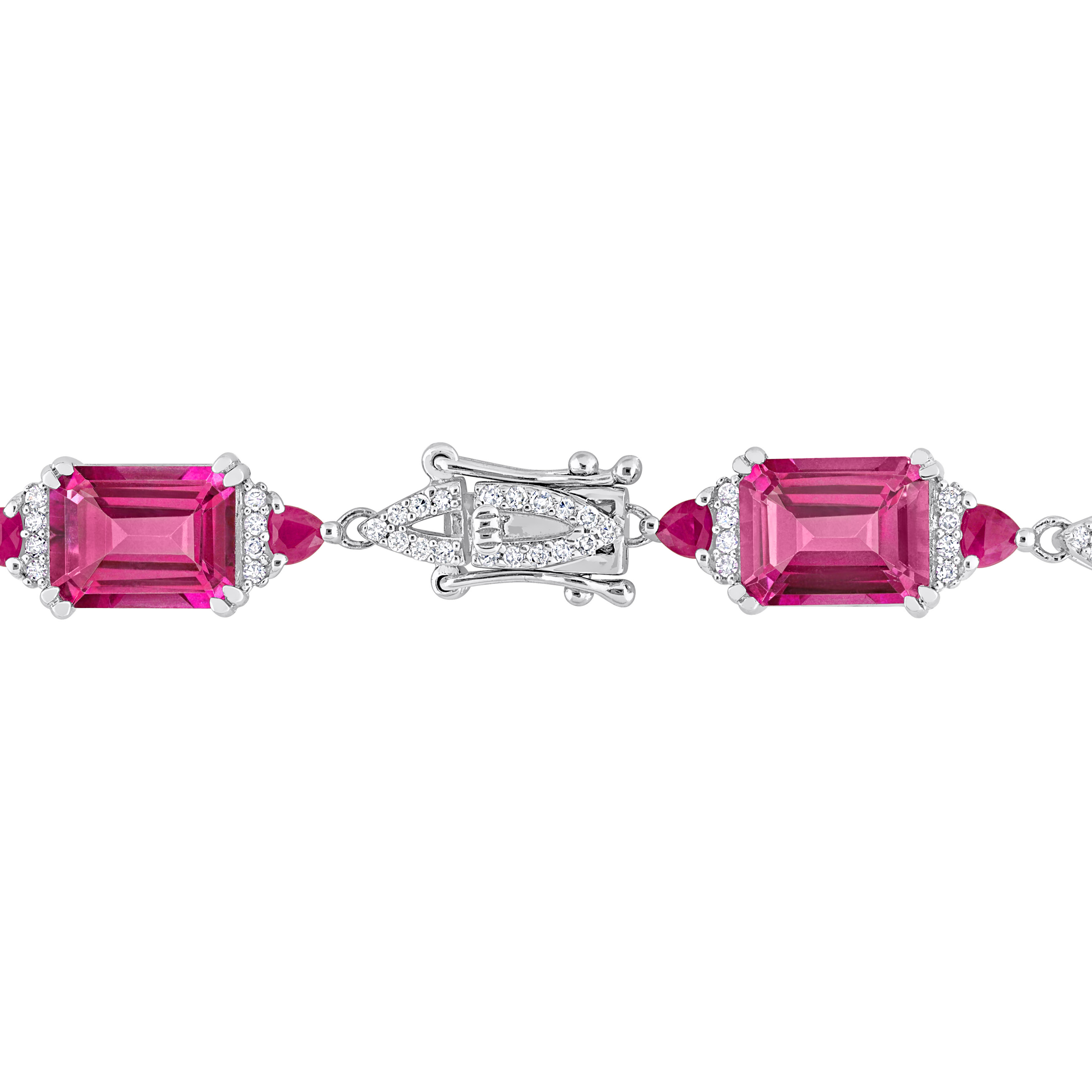 20 1/10 CT TGW Octagon-cut Pink Topaz, Trilliant-cut Ruby and 7/8 CT TDW Diamond Fancy Link Bracelet in Sterling Silver - 7.25 in.