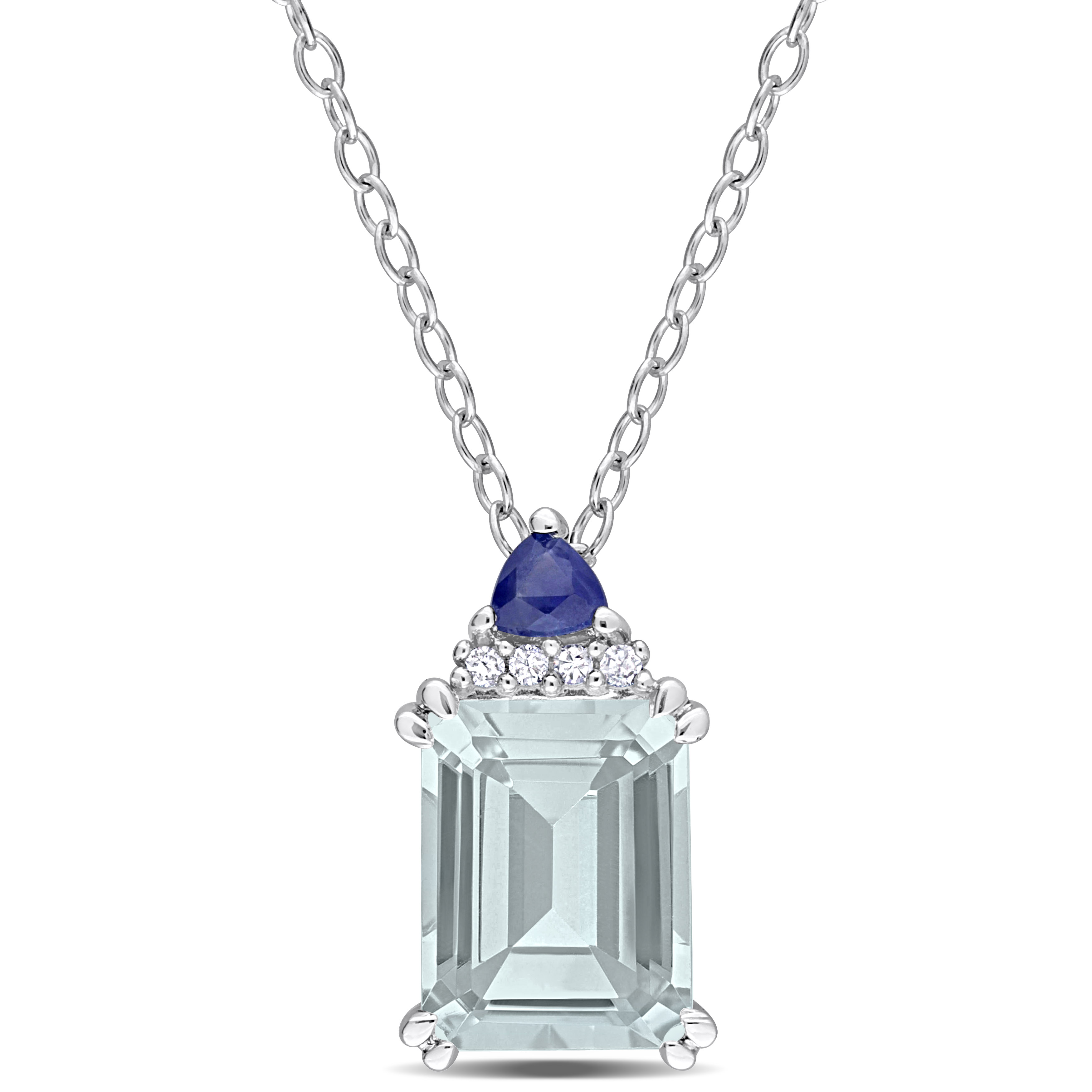 2 CT TGW Octagon Aquamarine Trilliant Blue Sapphire and Diamond Accent Necklace in Sterling Silver - 18 in.