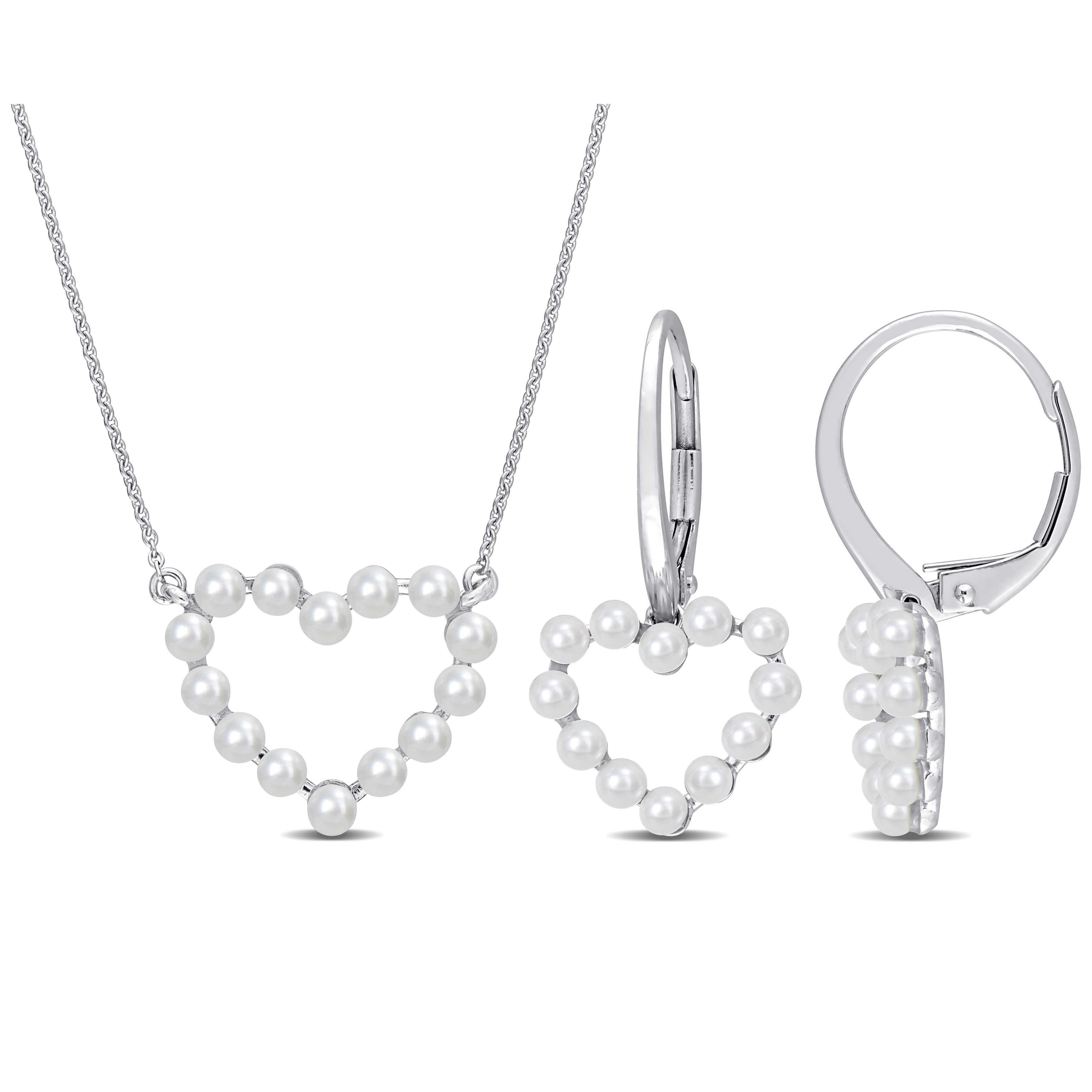 2-2.5mm Cultured Freshwater Pearl Heart Earrings and Necklace 2-Piece Set in 14K White Gold - 17 in