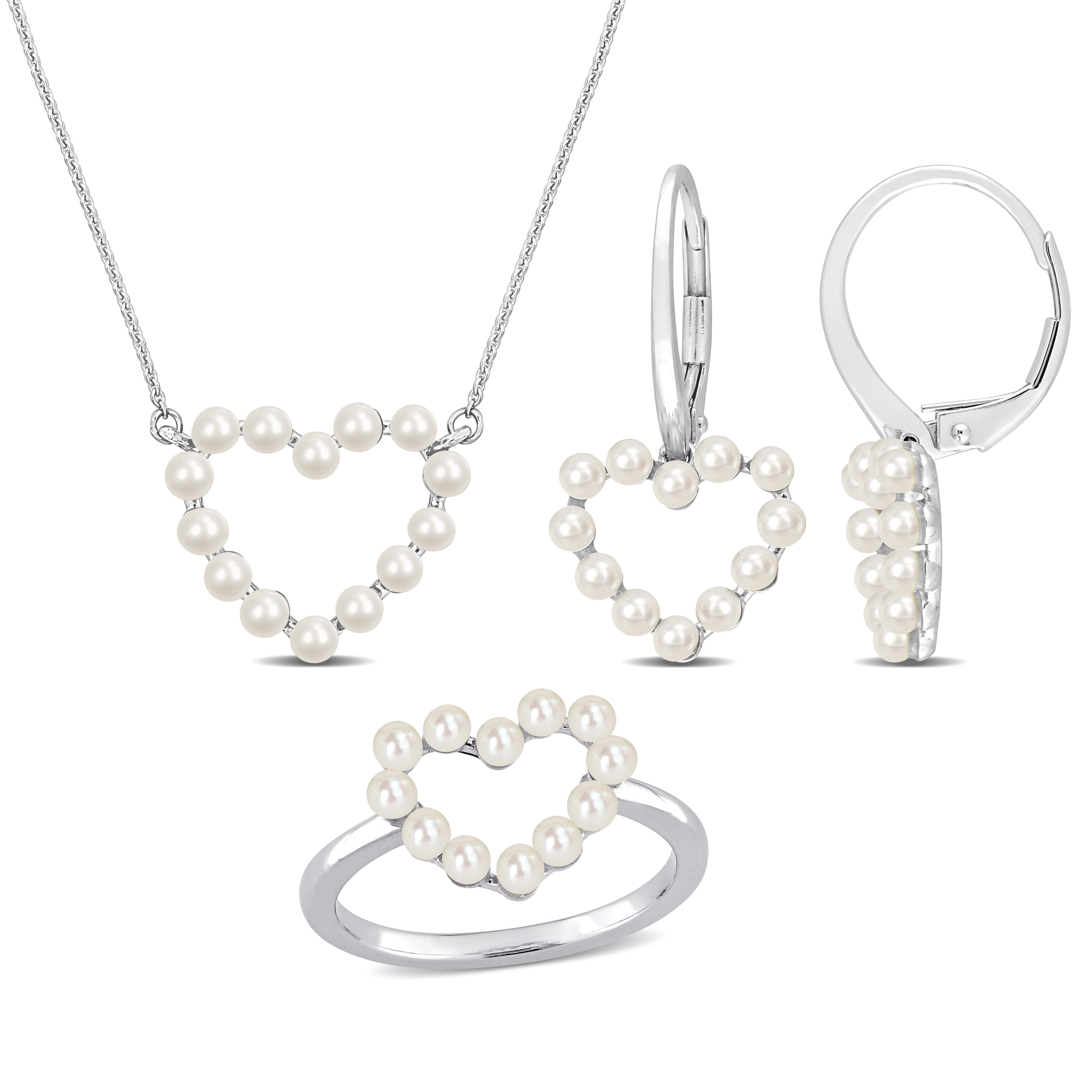 Cultured Freshwater Pearl 3-Piece Jewelry Set - Heart Pendant with Chain, Earrings and Ring in 14k White Gold