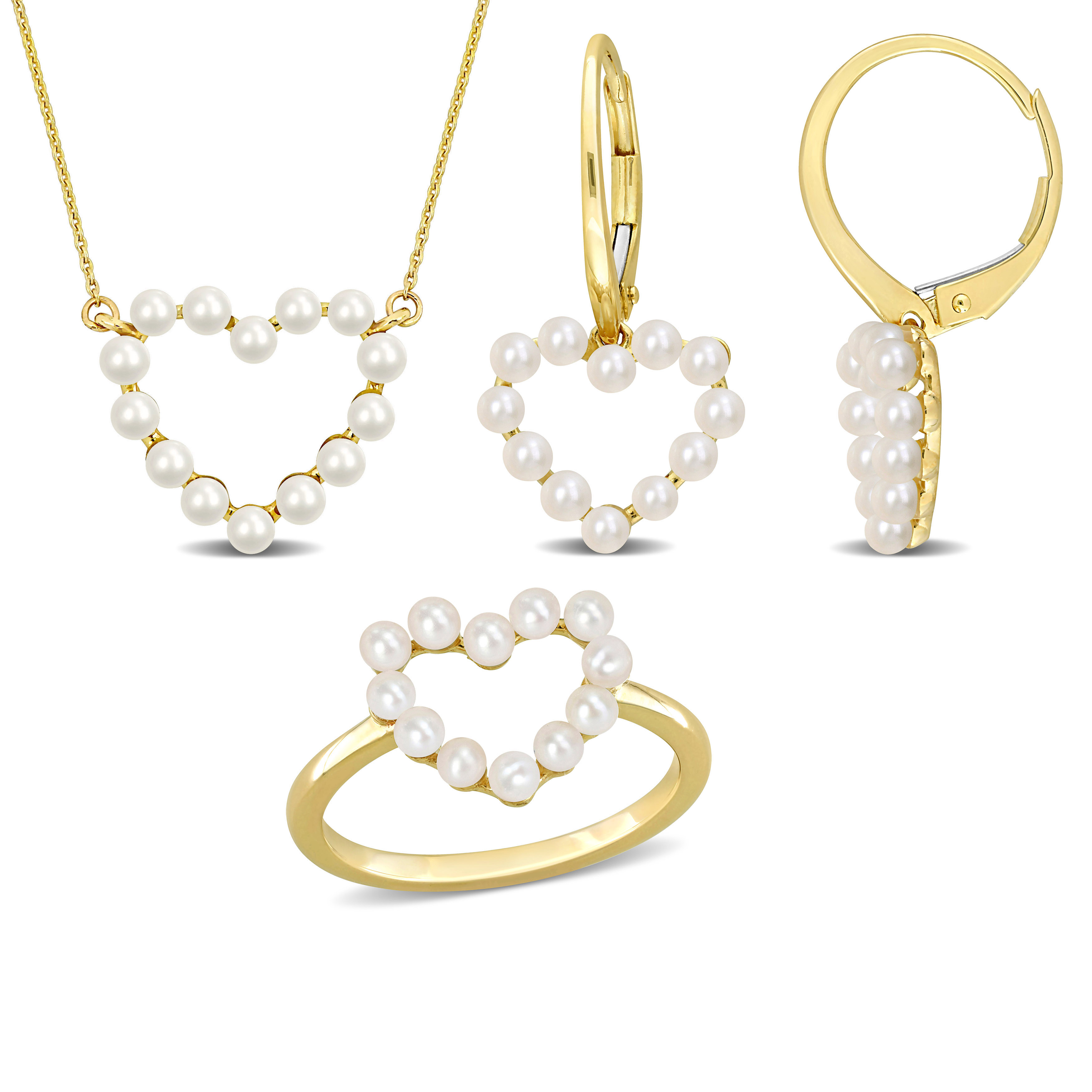 Cultured Freshwater Pearl 3-Piece Jewelry Set - Heart Pendant with Chain, Earrings and Ring in 14k Yellow Gold