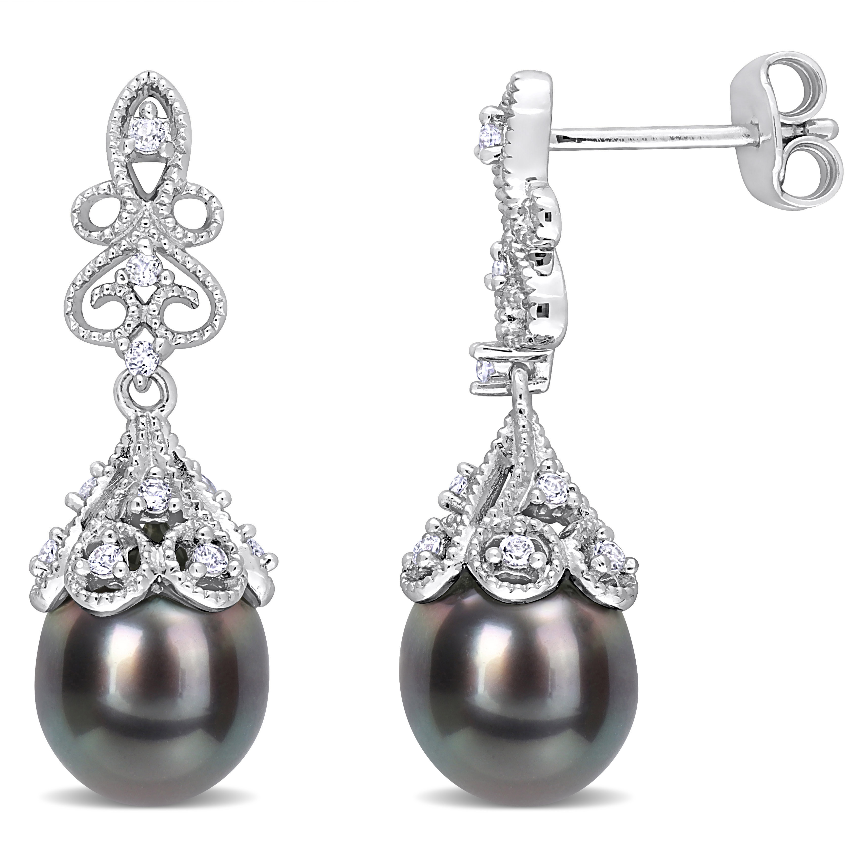 8-8.5 MM Black Tahitian Cultured Pearl and 1/4 CT TGW White Topaz Drop Earrings in Sterling Silver