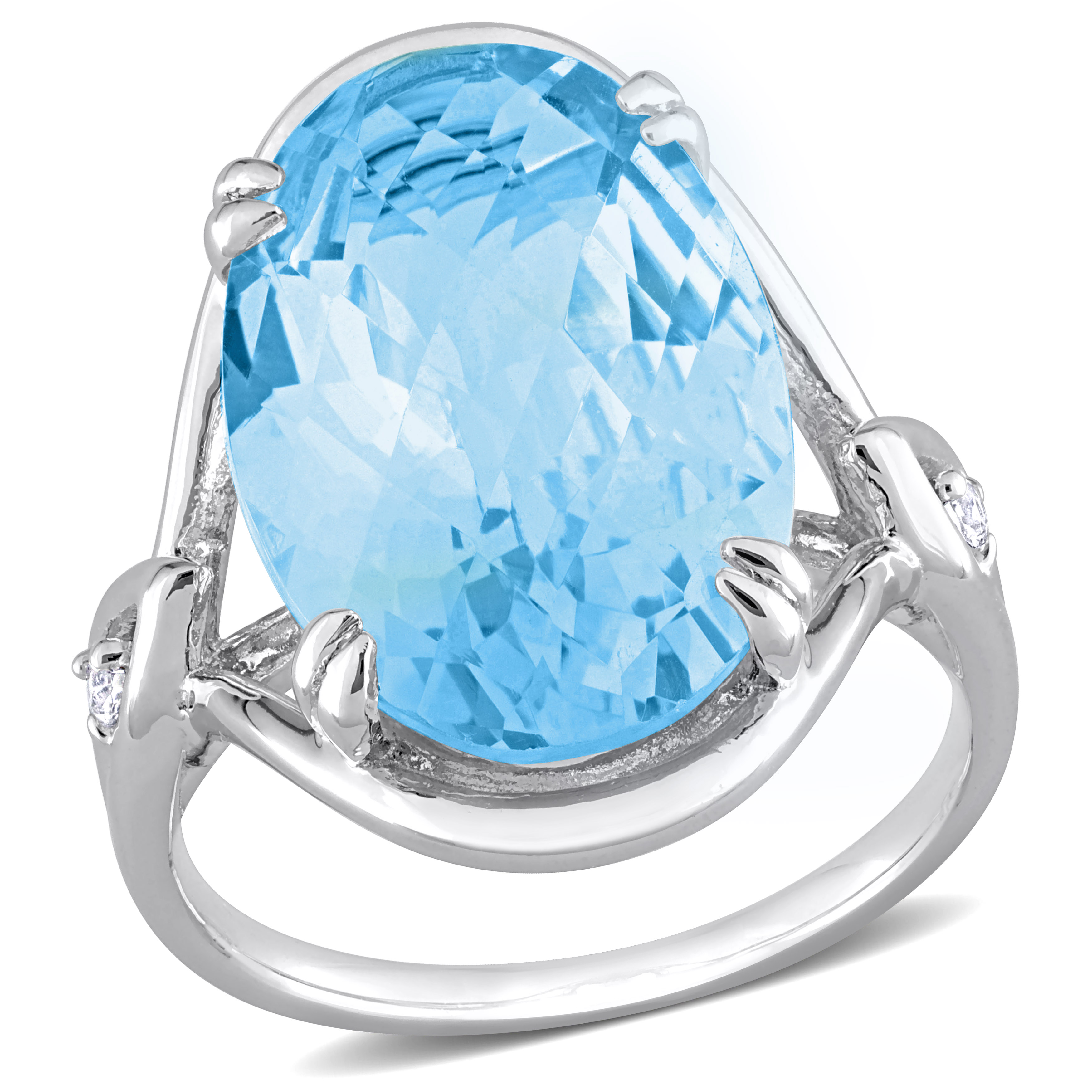 13 3/5 CT TGW Oval Checkerboard-Cut Sky Blue Topaz and White Topaz Solitaire Ring in Sterling Silver