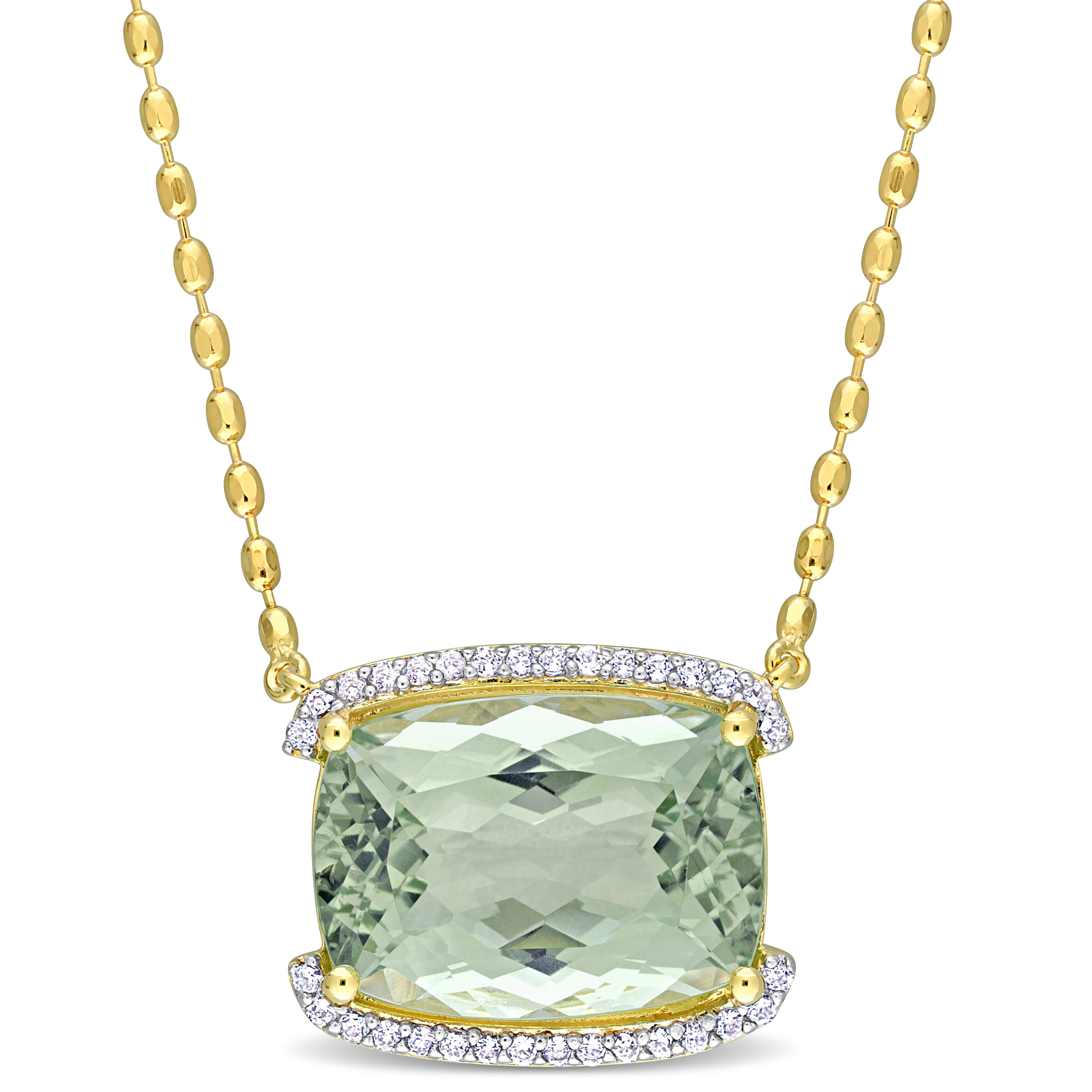16 5/8 CT TGW Cushion-Cut Green Quartz and White Topaz Semi-Halo Necklace Yellow Plated Sterling Silver