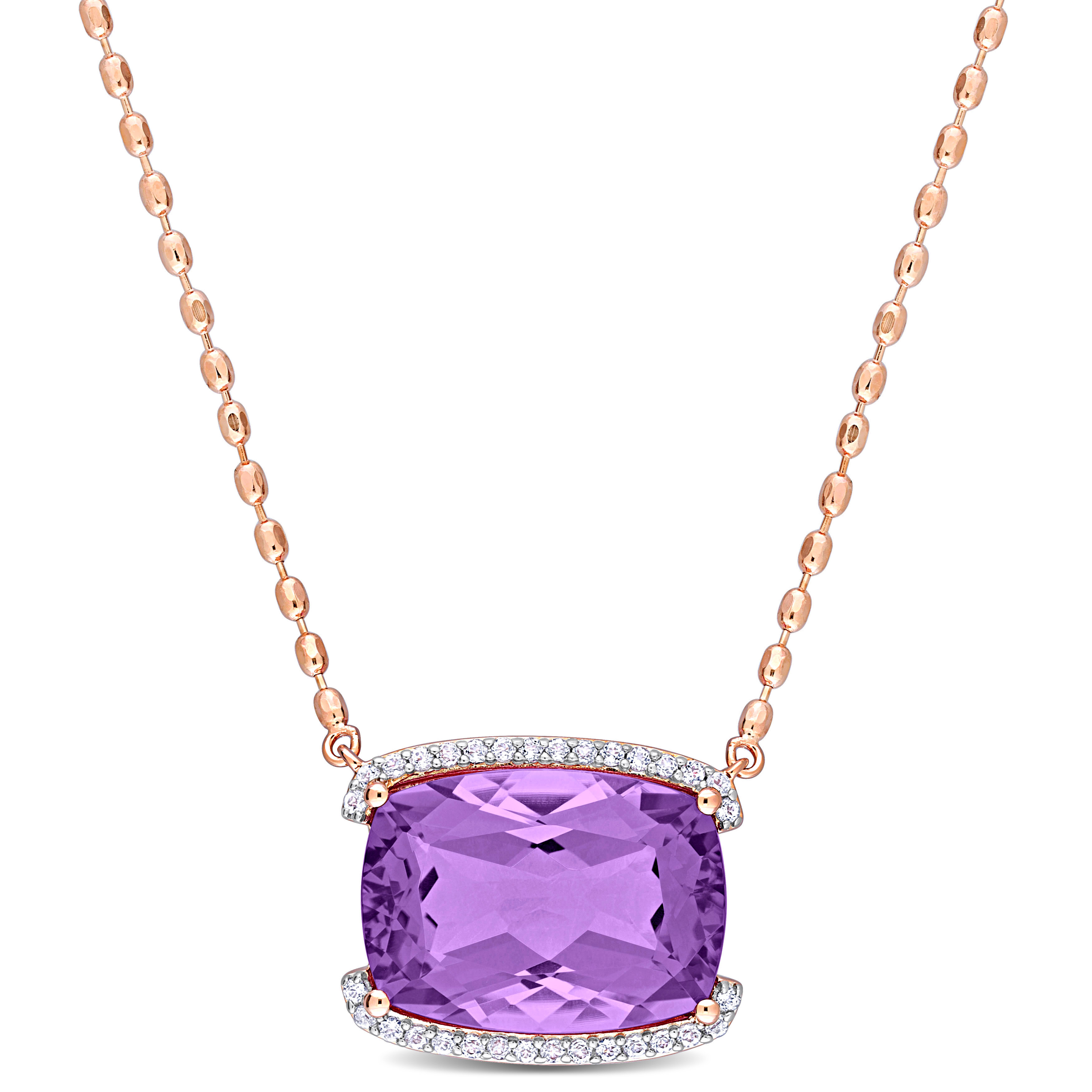16 5/8 CT TGW Cushion-cut Rose de France and White Topaz Halo Pendant with Chain in Rose Plated Silver