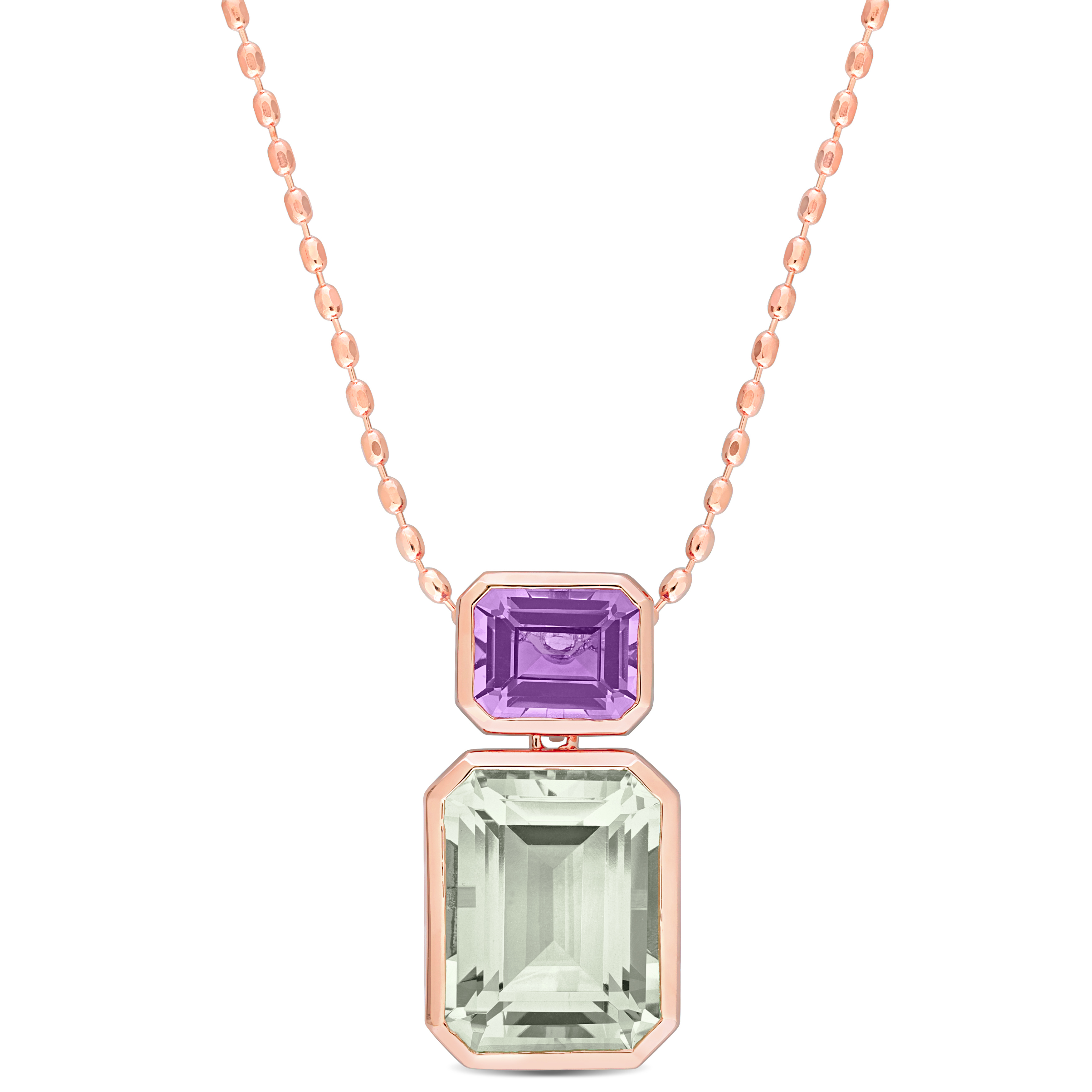 20 1/8 CT TGW Octagon Green Quartz and Rose de France Necklace in Rose Plated Sterling Silver