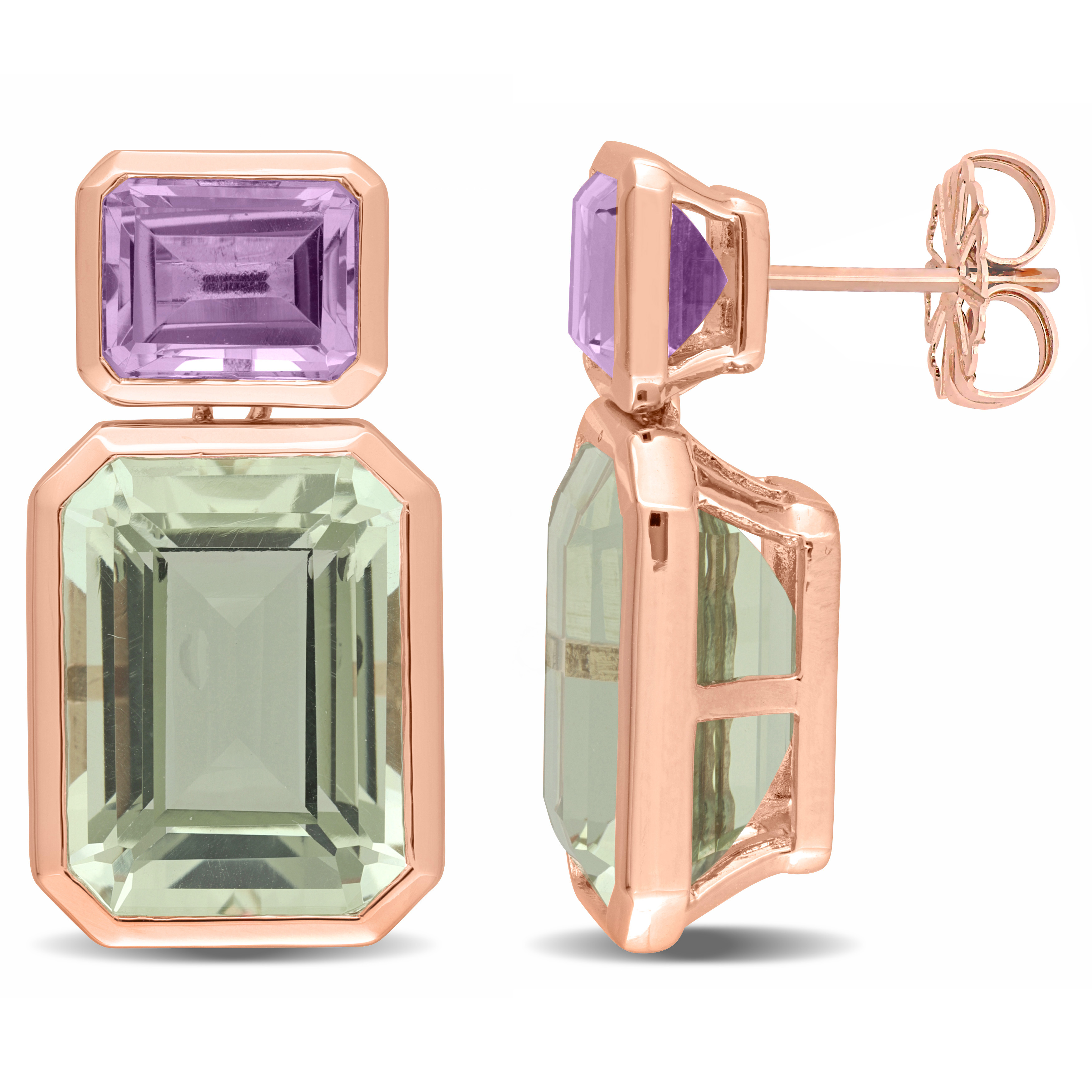 Amour Rose Sterling Silver Rose De France & Green Quartz Drop Two Stone Earrings