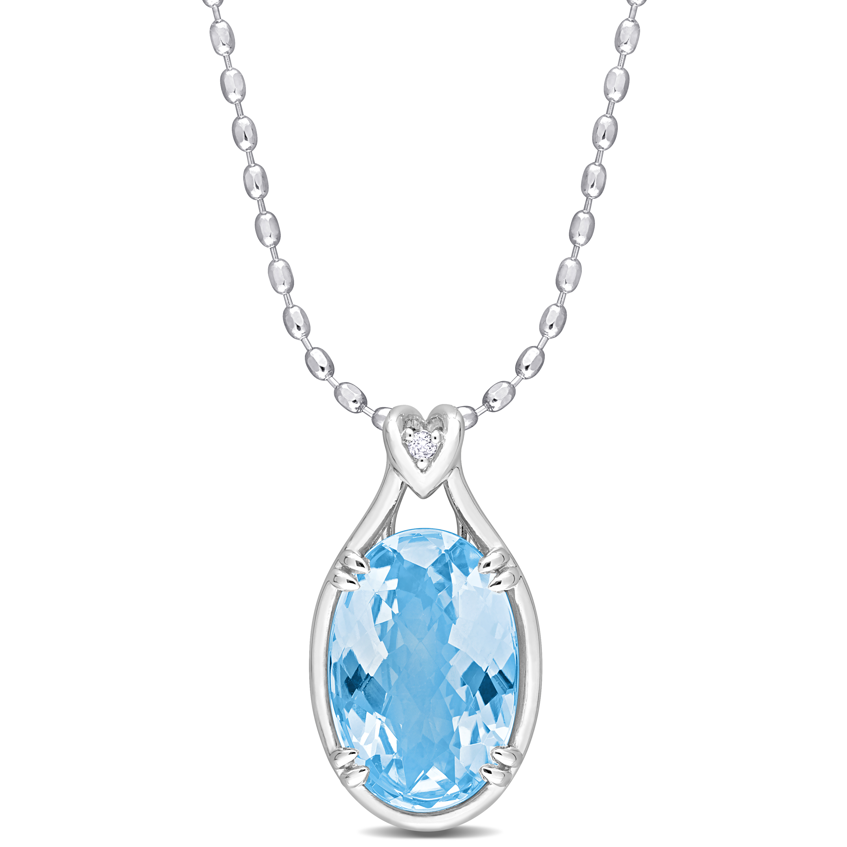 13 1/2 CT TGW Oval Checkerboard-Cut Sky Blue Topaz and White Topaz Solitaire Necklace in Sterling Silver