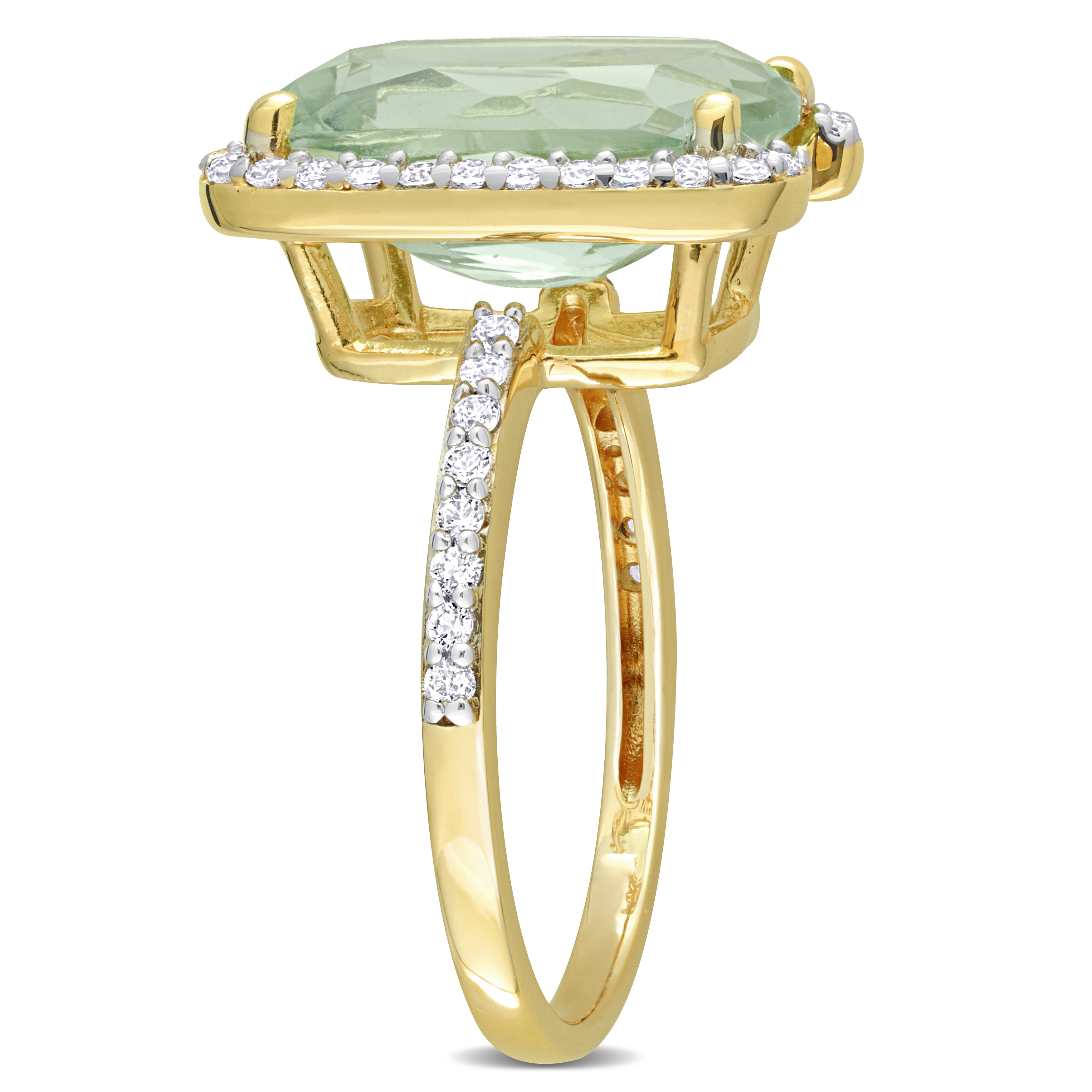 6 7/8 CT TGW CushionCut Green Quartz and White Topaz SemiHalo Ring in Yellow Plated Sterling Silver