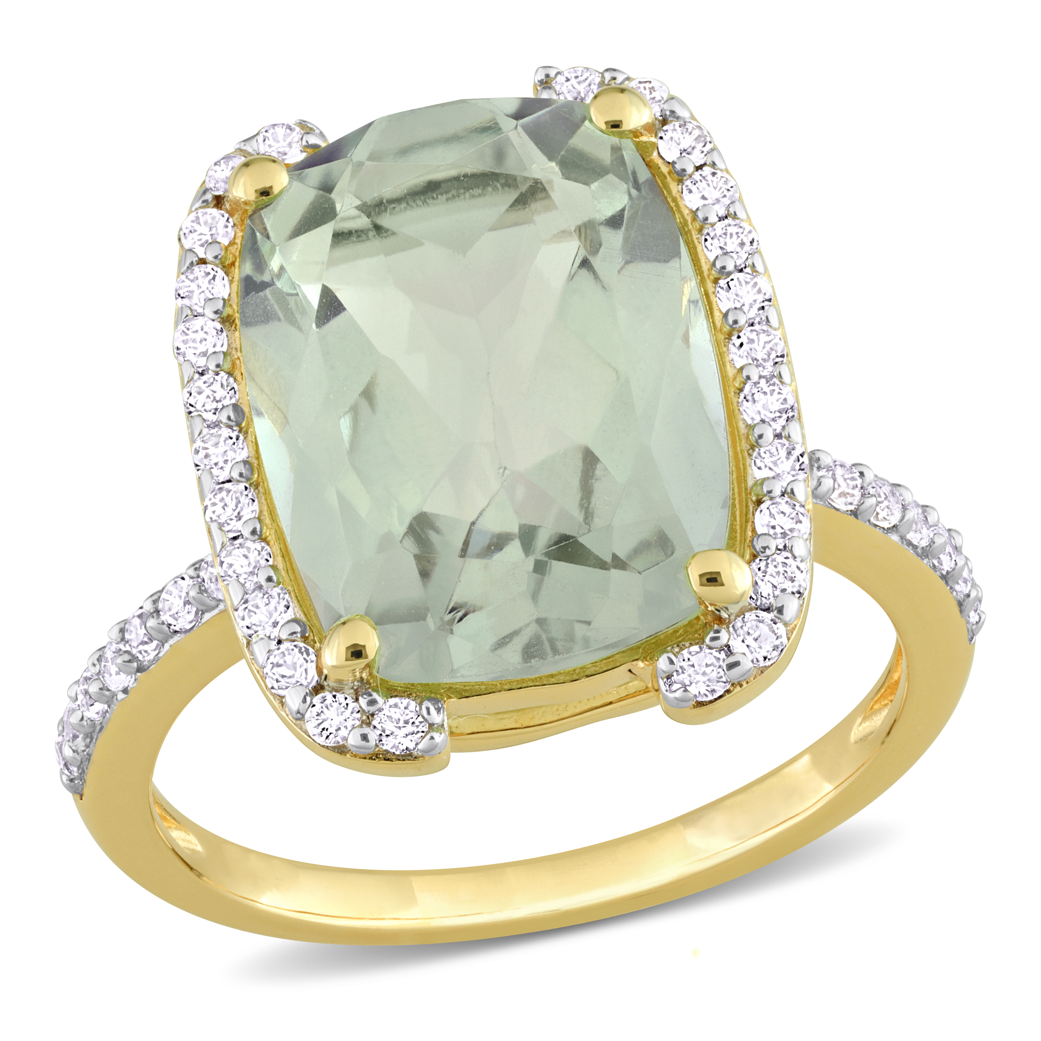 6 7/8 CT TGW CushionCut Green Quartz and White Topaz SemiHalo Ring in Yellow Plated Sterling Silver