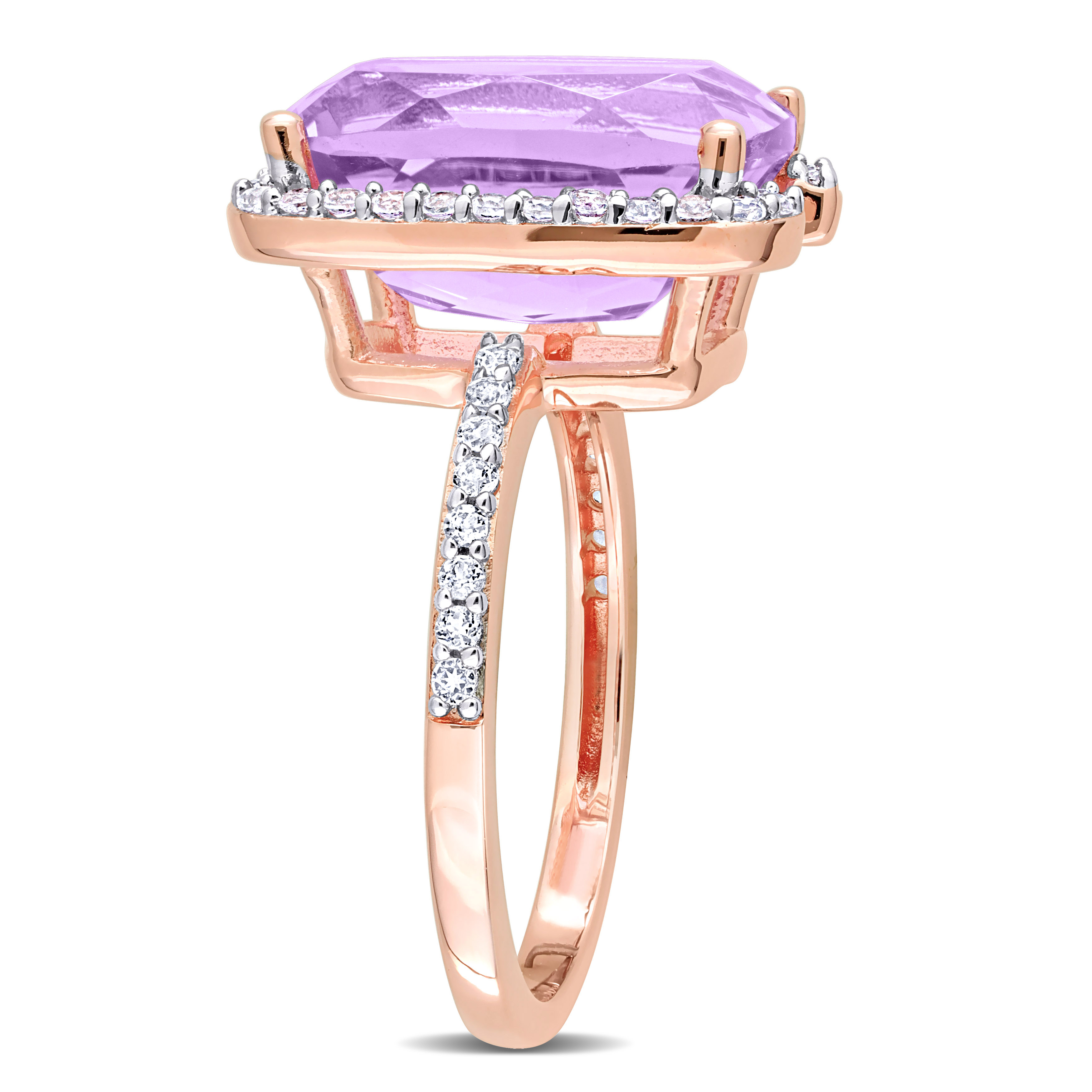 7 7/8 CT TGW Cushion-cut Rose de France and White Topaz Bracket Cocktail Ring in Rose Plated Sterling Silver
