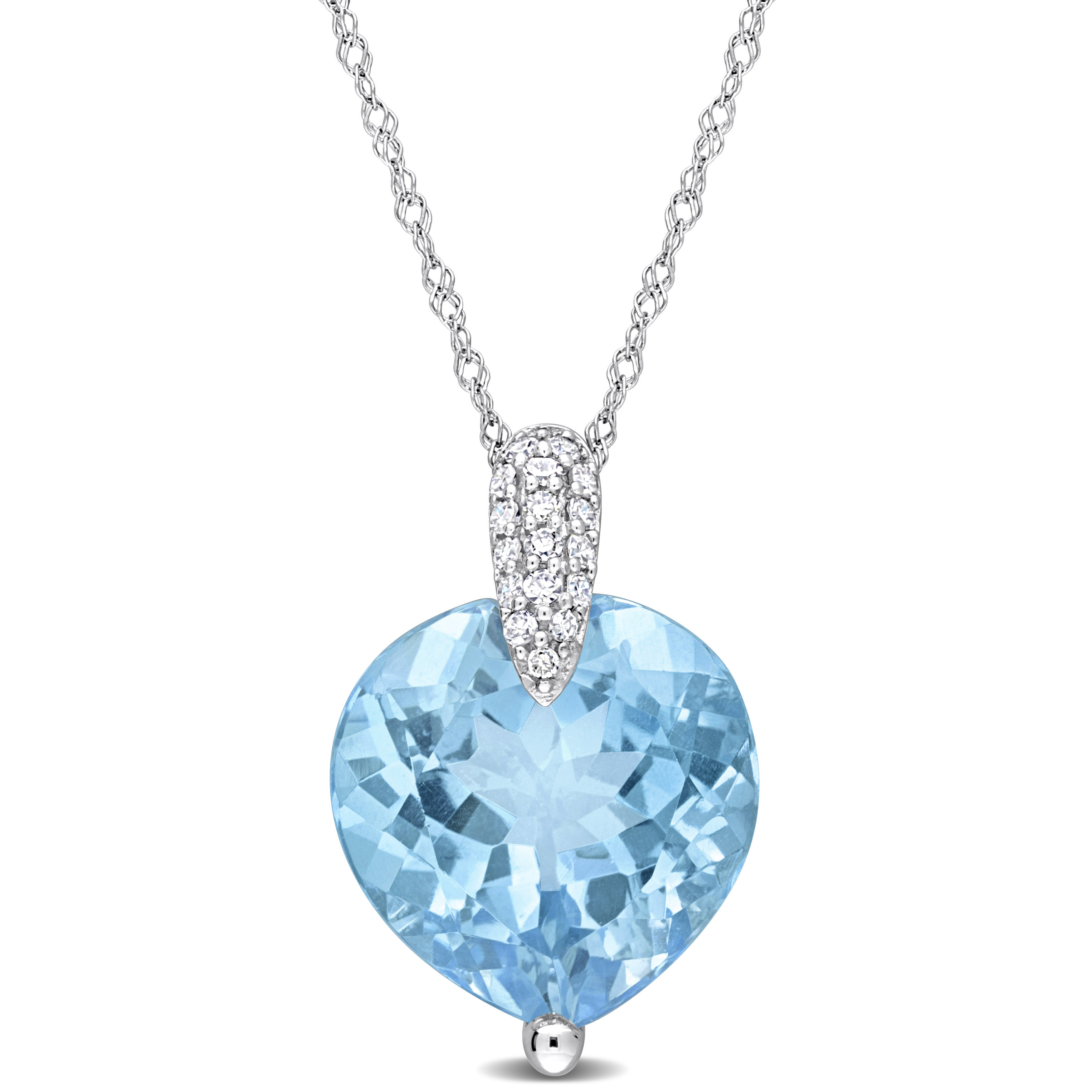 7 CT TGW Heart-cut Sky-Blue Topaz and 1/10ct TDW Diamond Drop Pendant with Chain in 14k White Gold - 18 in.